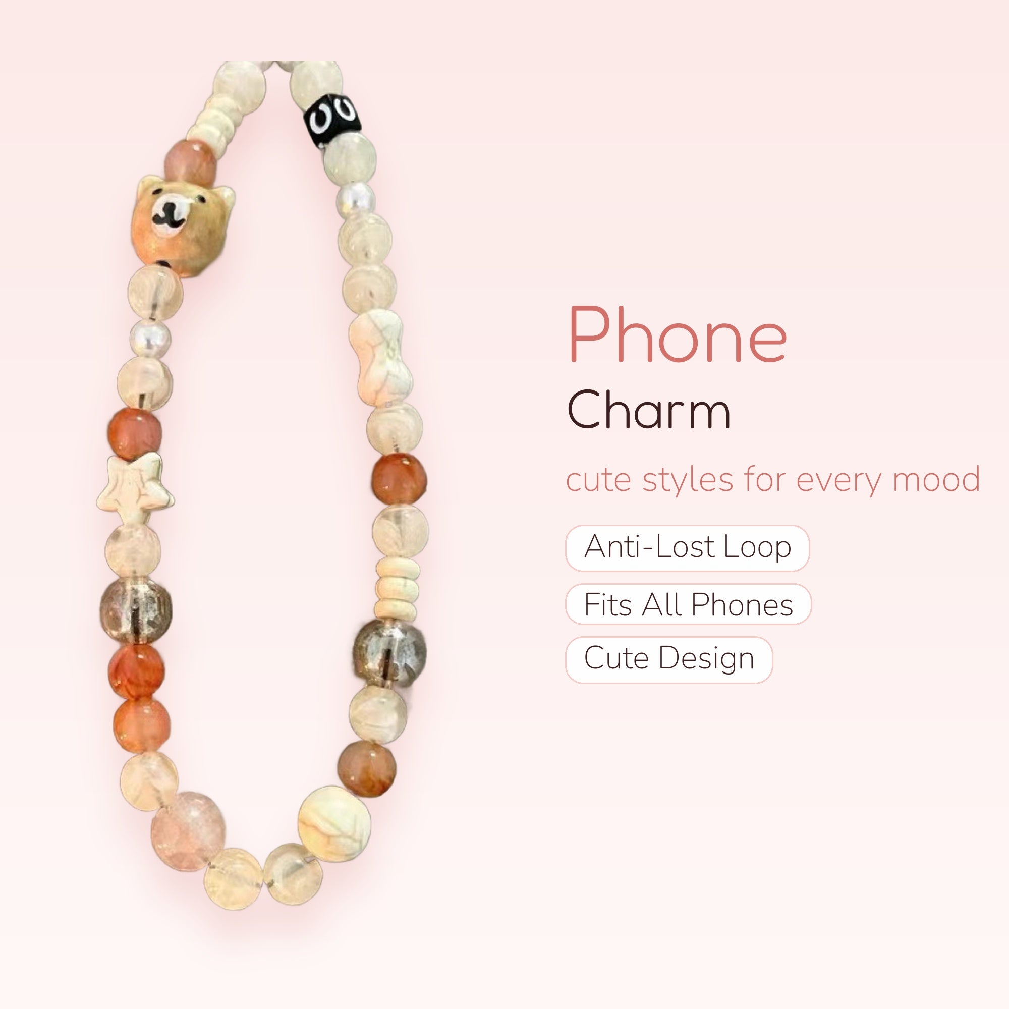 Cute Bear & Star Beaded Phone Charm | Aesthetic Pastel Wrist Strap Lanyard