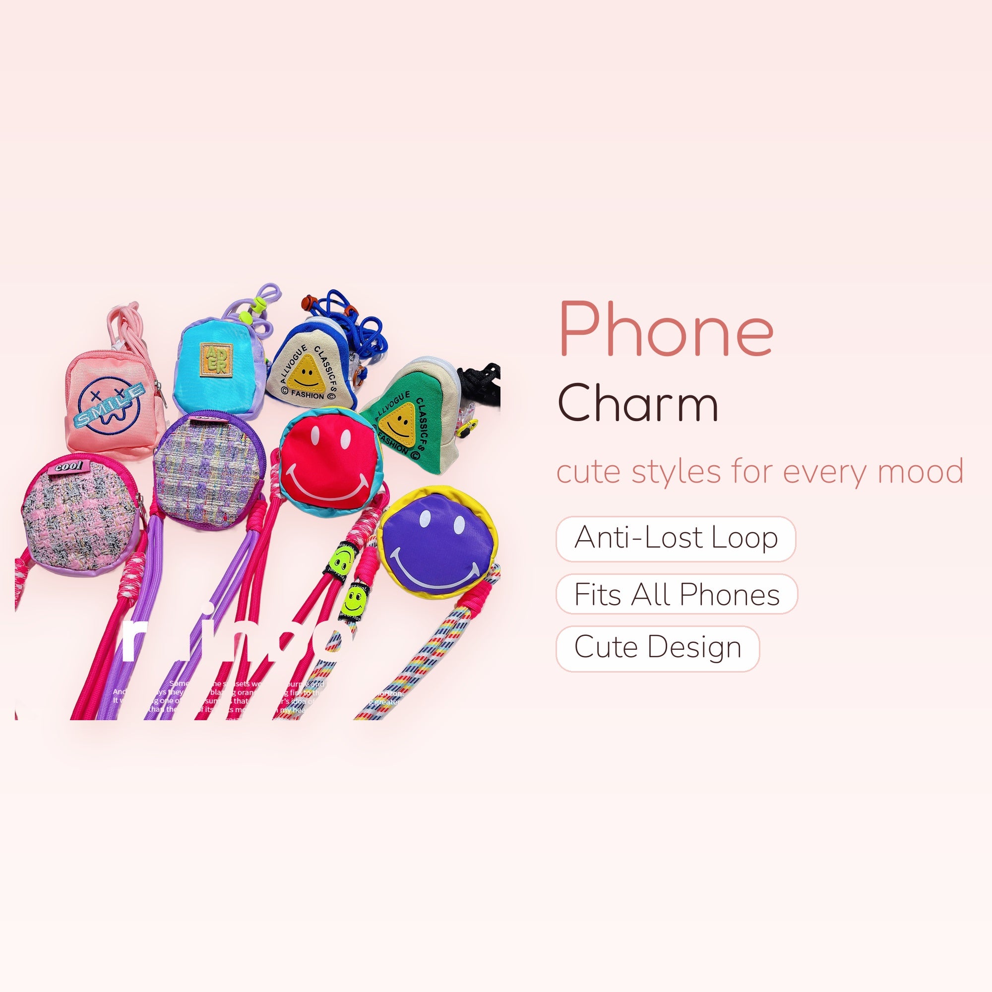 Kawaii Smiley Face Mini Bag Phone Charms | Colorful Y2K Wrist Lanyard Keychains