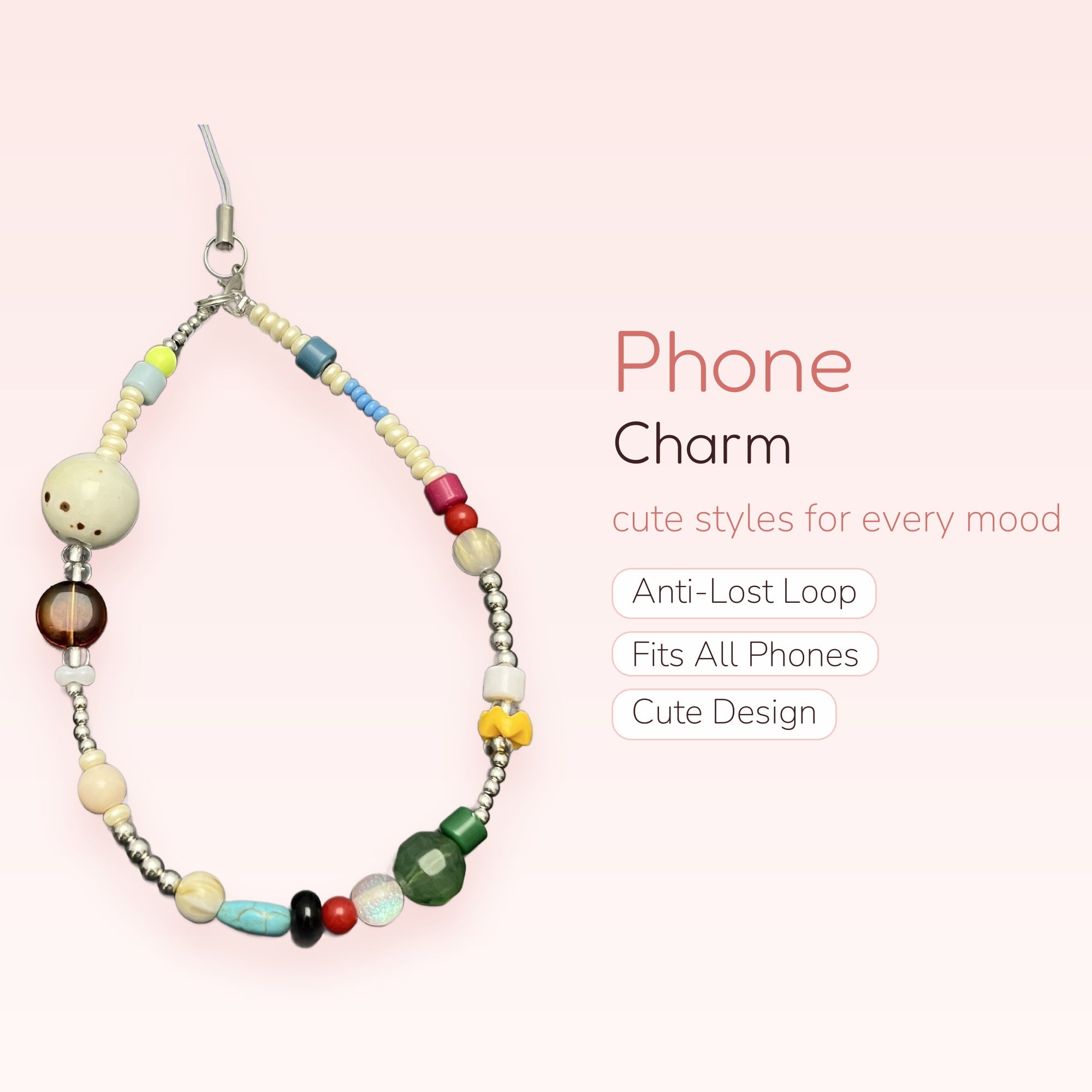 Aesthetic Mixed Bead Phone Charm Strap | Colorful Pearl & Stone Wrist Lanyard