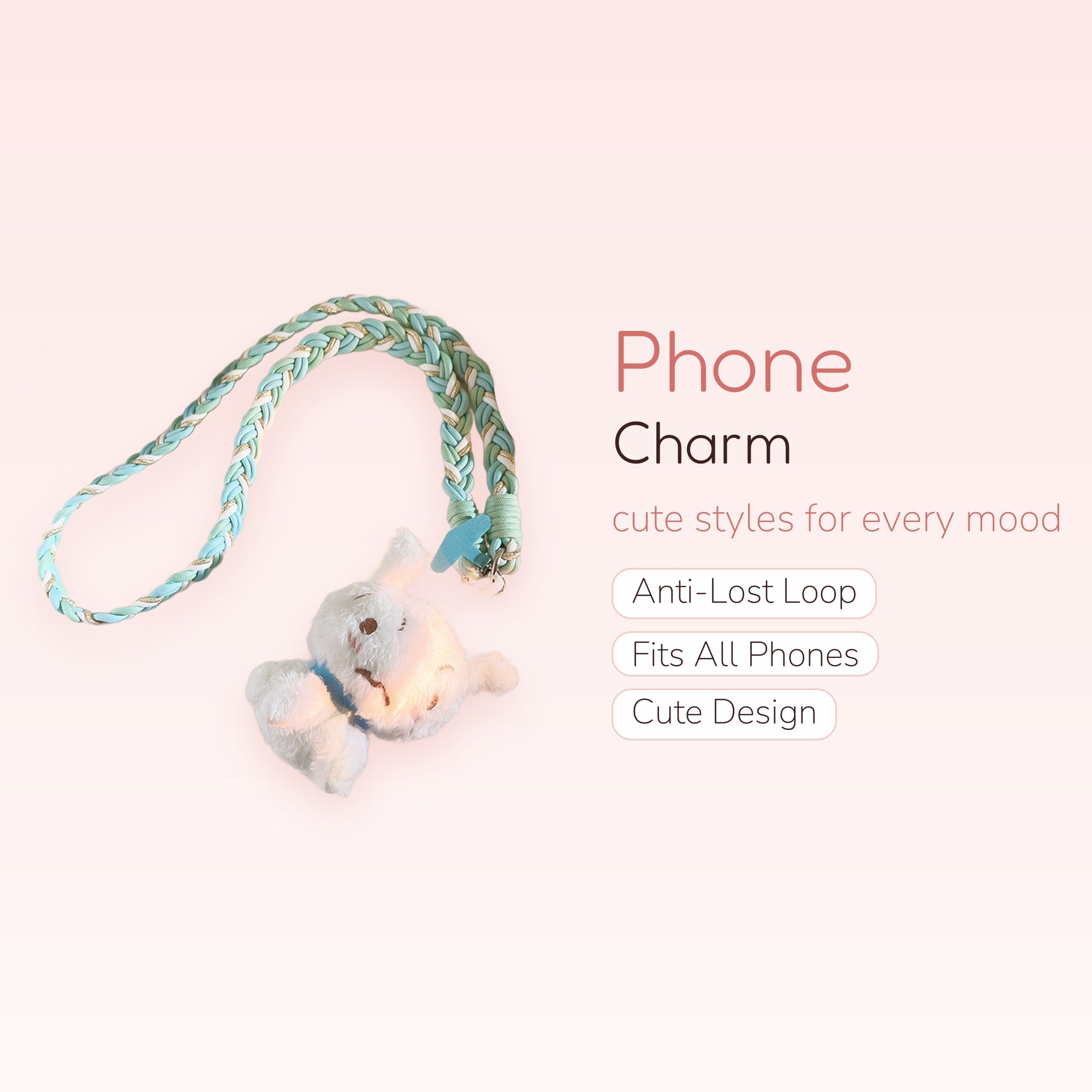 Braided Pastel Lanyard Phone Charm with Plush Bunny | Cute Wrist Strap for Phone