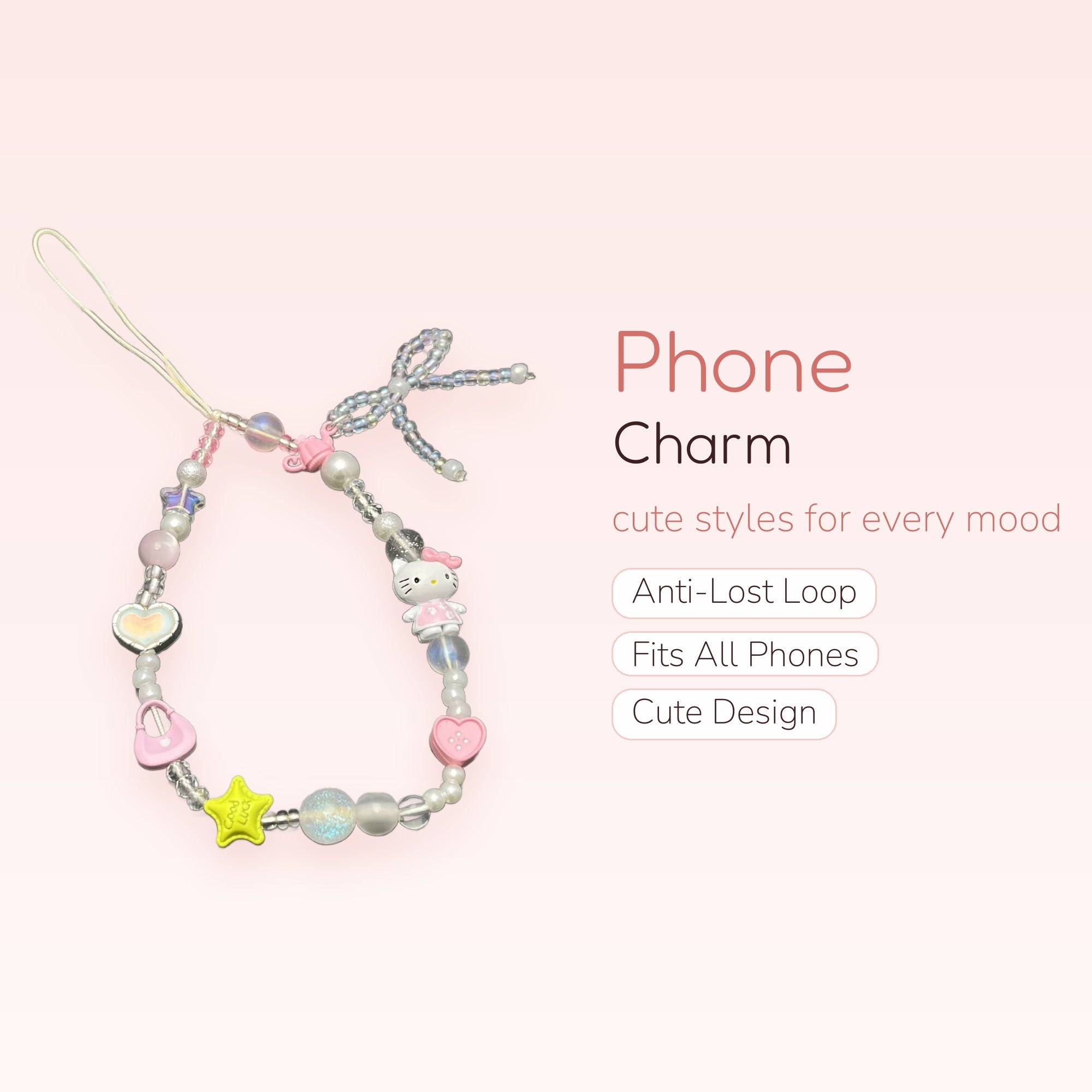 Kawaii Hello Kitty & Pearl Phone Charm Strap | Pastel Beaded Wrist Lanyard