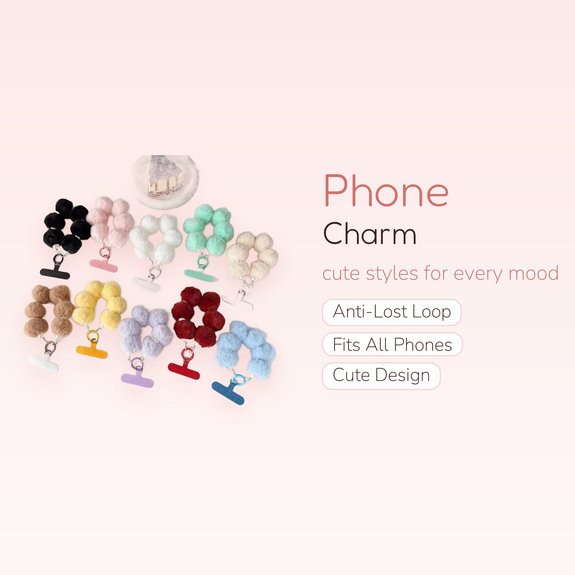Fluffy Pom Pom Phone Charm Strap | Cute Plush Ball Wrist Lanyard in Multiple Colors