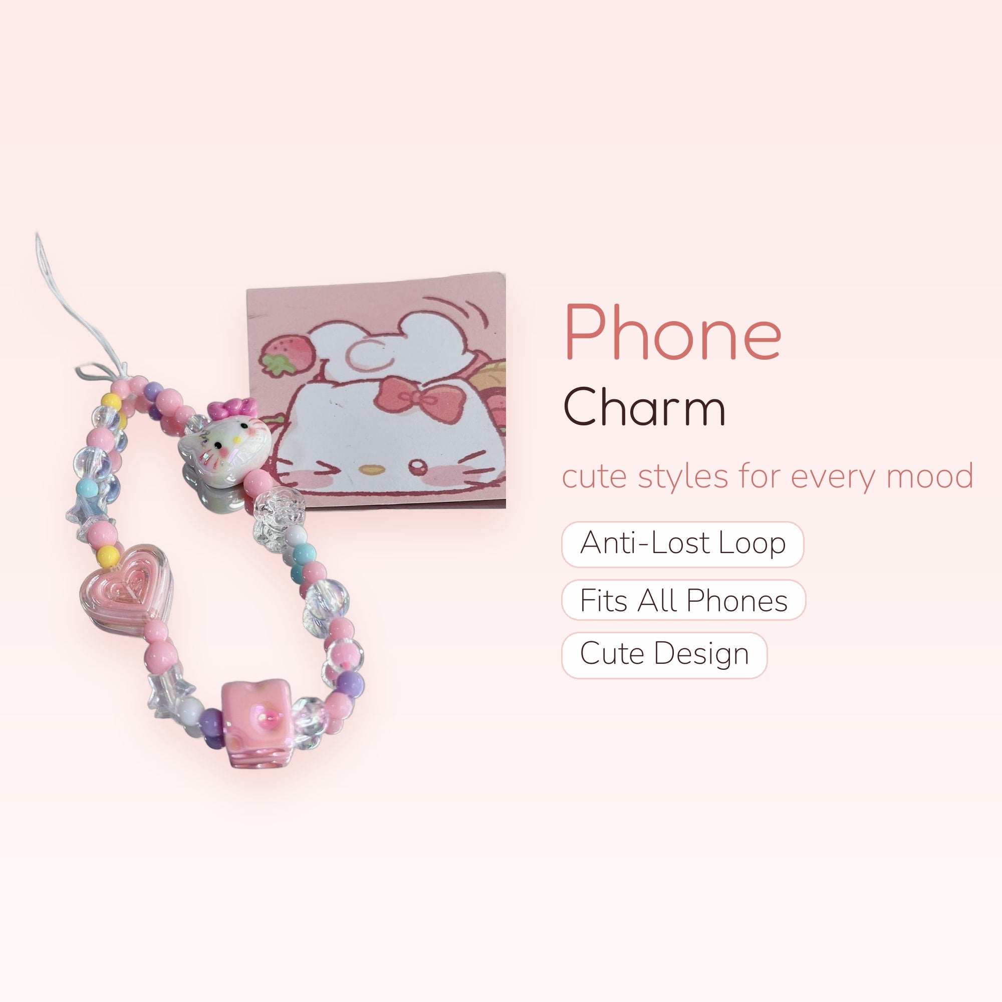 Kawaii Hello Kitty & Heart Phone Charm Strap | Pastel Beaded Wrist Lanyard