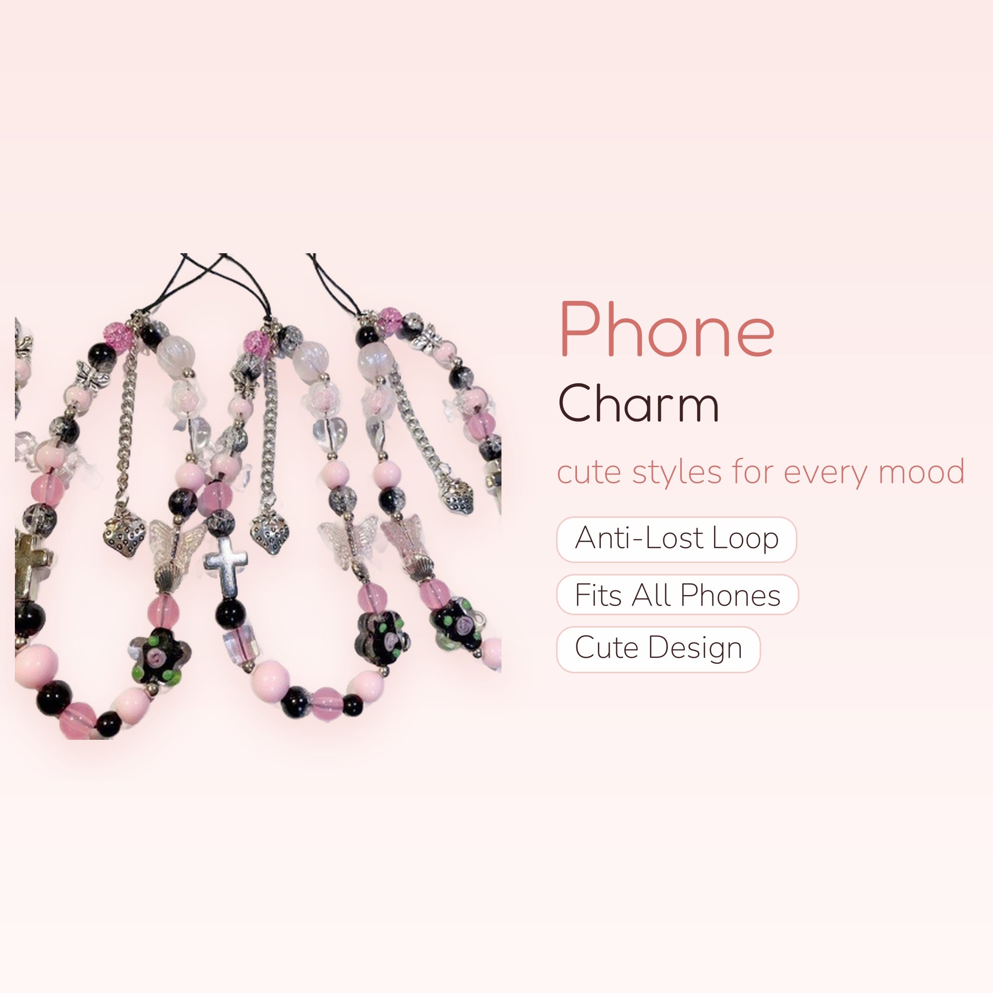 Kawaii Pink & Black Beaded Phone Charm Strap | Aesthetic Cross & Butterfly Wrist Lanyard
