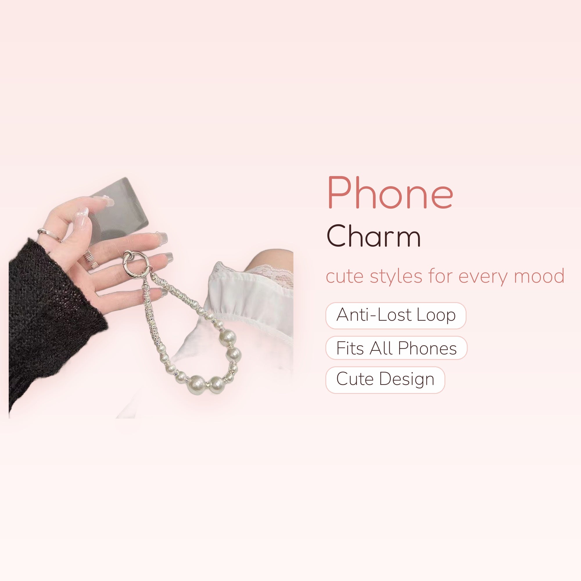 Elegant Pearl & Silver Beaded Phone Charm | Aesthetic Wrist Strap Lanyard