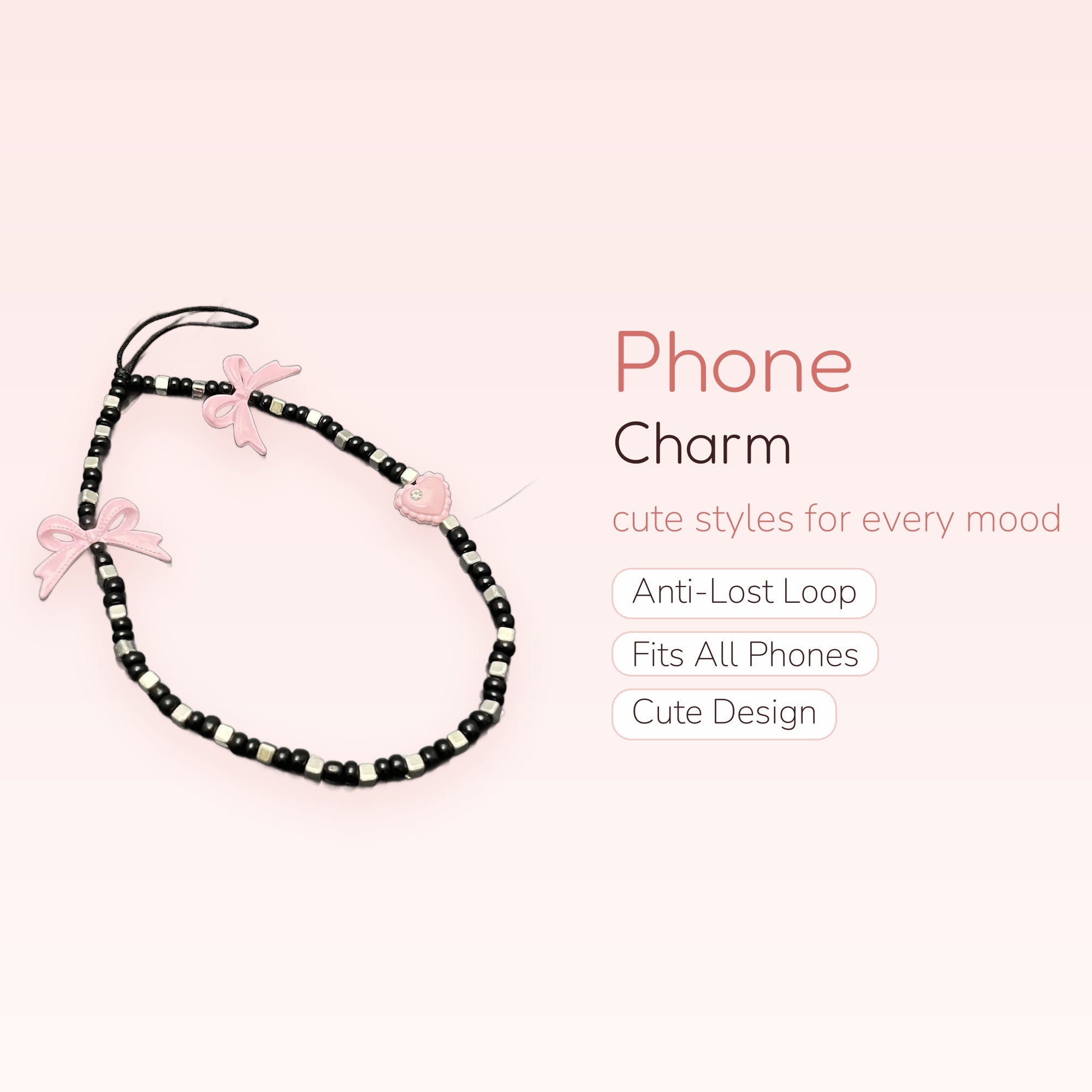 Y2K Black & Silver Beaded Phone Charm | Pink Bow & Heart Wrist Strap