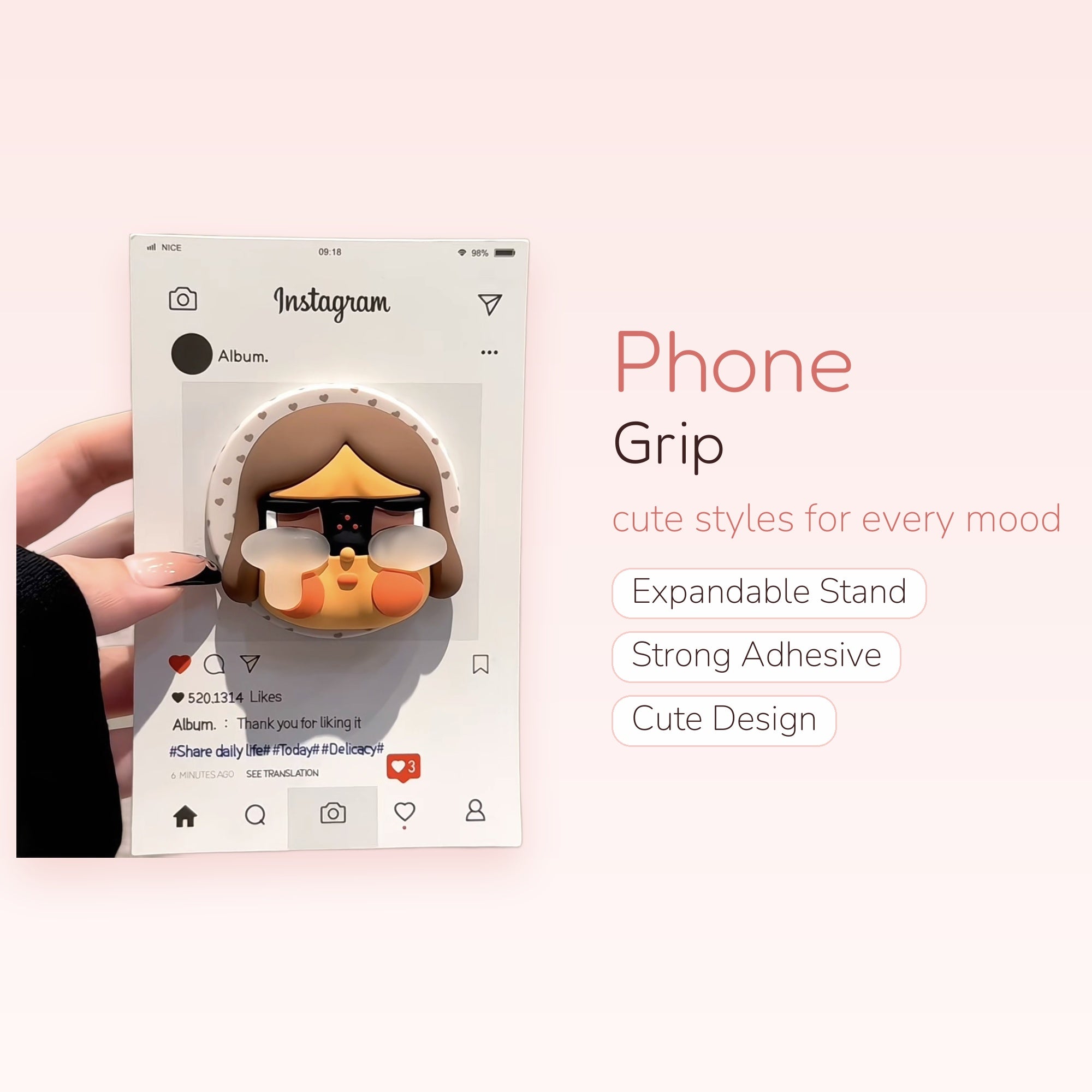 Kawaii Instagram Post Phone Grip | Cute Cartoon Character Pop Socket Stand