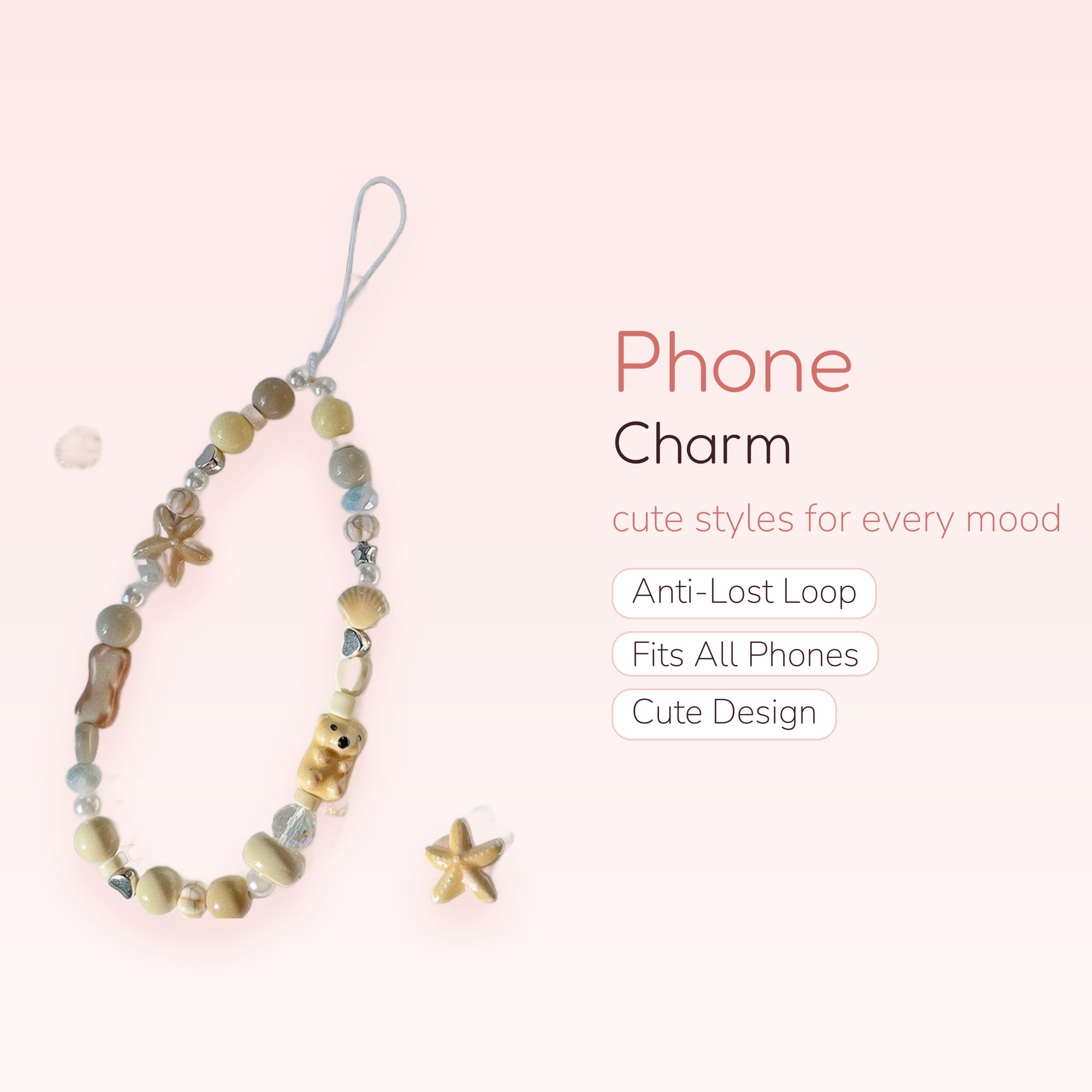 Kawaii Beige & Pastel Beaded Phone Charm | Ocean-Themed Wrist Strap with Bear & Starfish