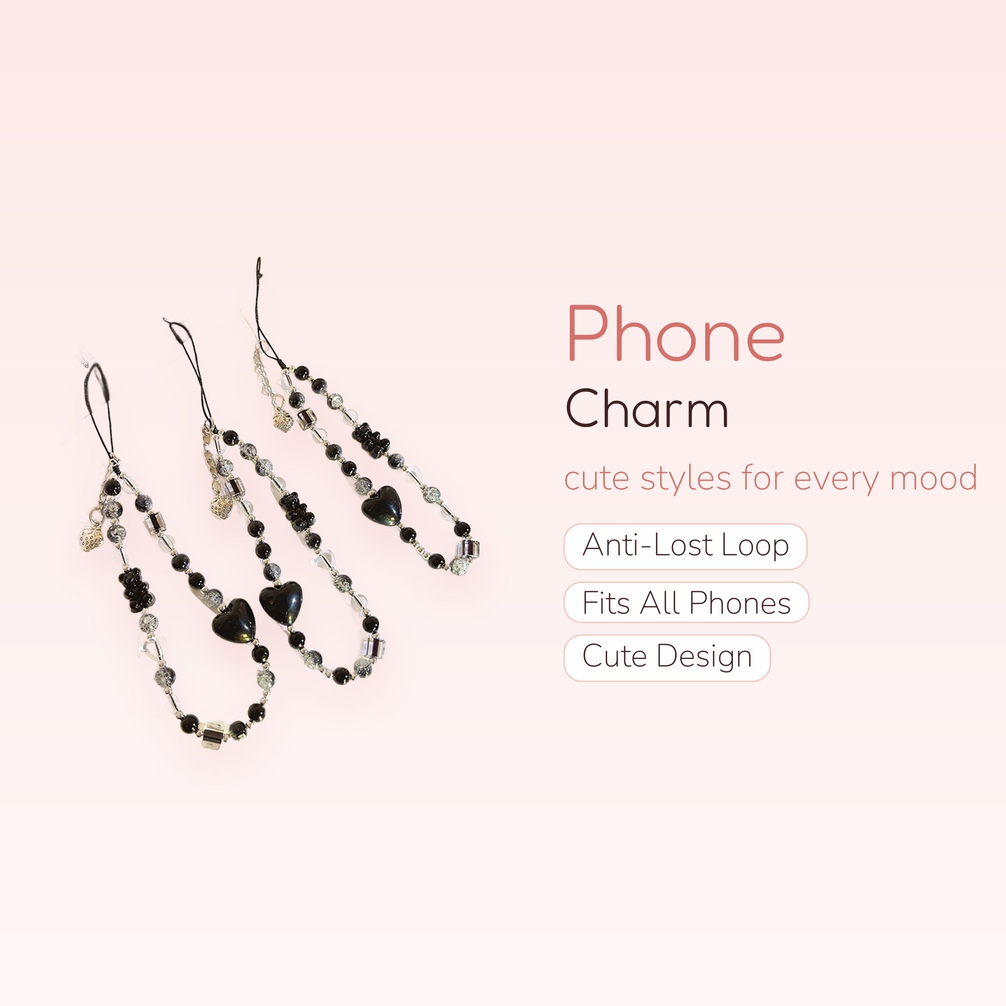 Aesthetic Black & Clear Beaded Phone Charm | Heart & Bear Wrist Strap Lanyard