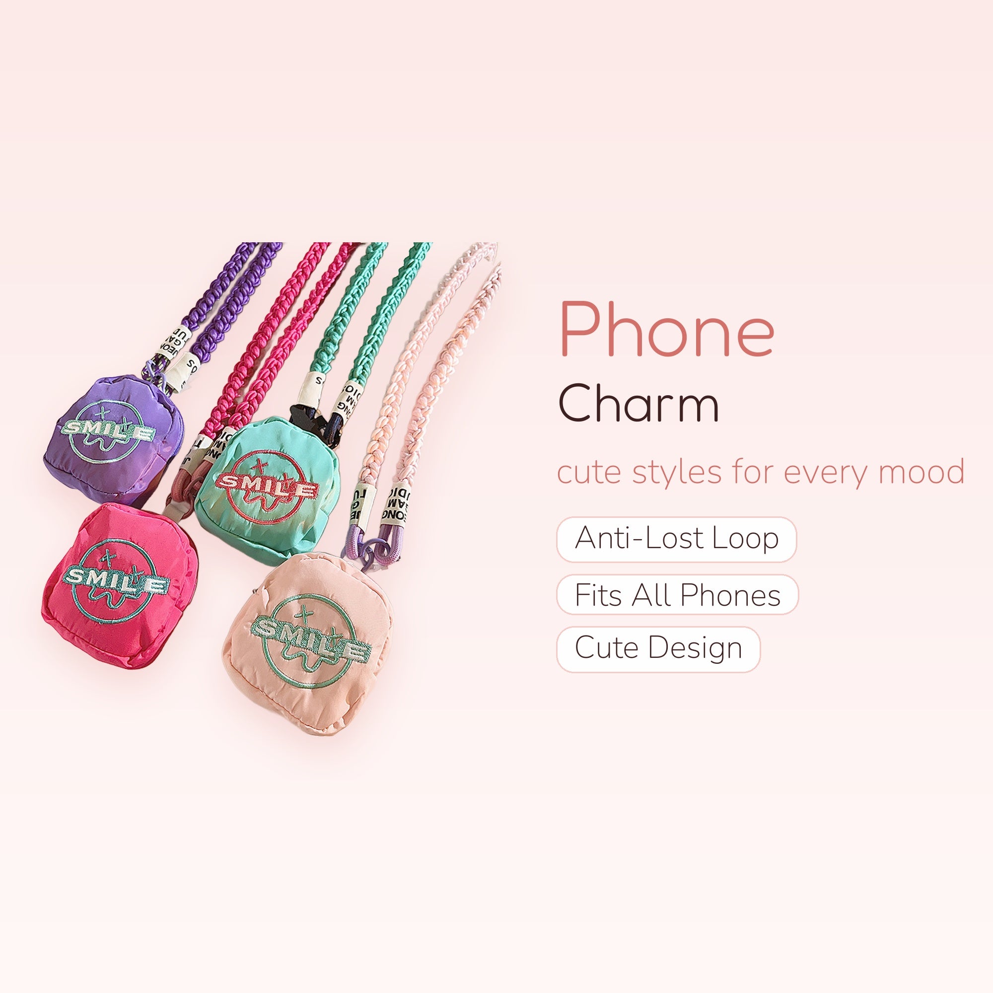 Cute Mini Backpack Phone Charm Lanyard | Colorful Braided Wrist Strap with Smile Patch