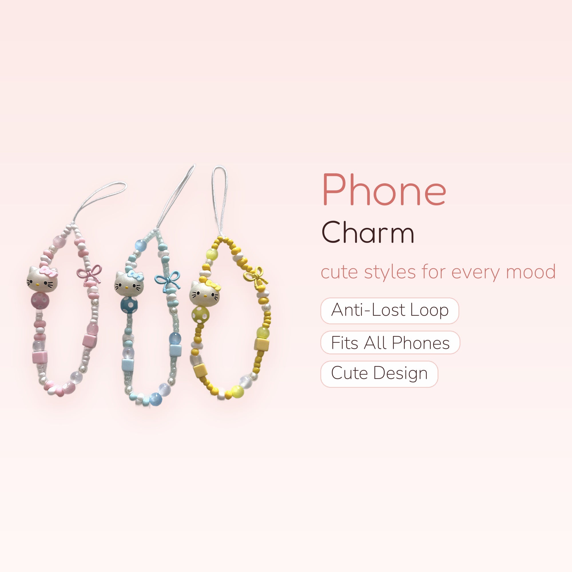 Kawaii Hello Kitty Beaded Phone Charm Strap | Pastel Wrist Lanyard