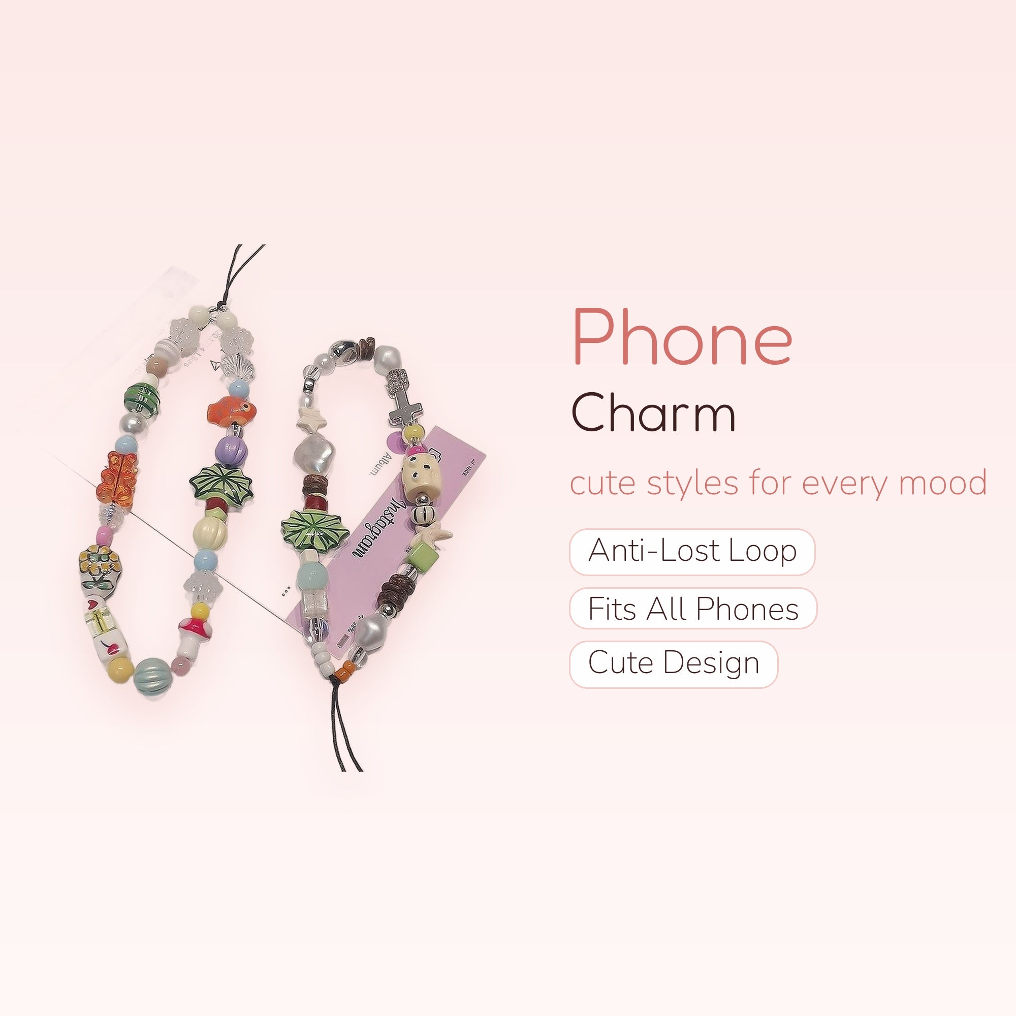 Kawaii Beaded Phone Charm Strap | Pastel Y2K Aesthetic Wrist Lanyard
