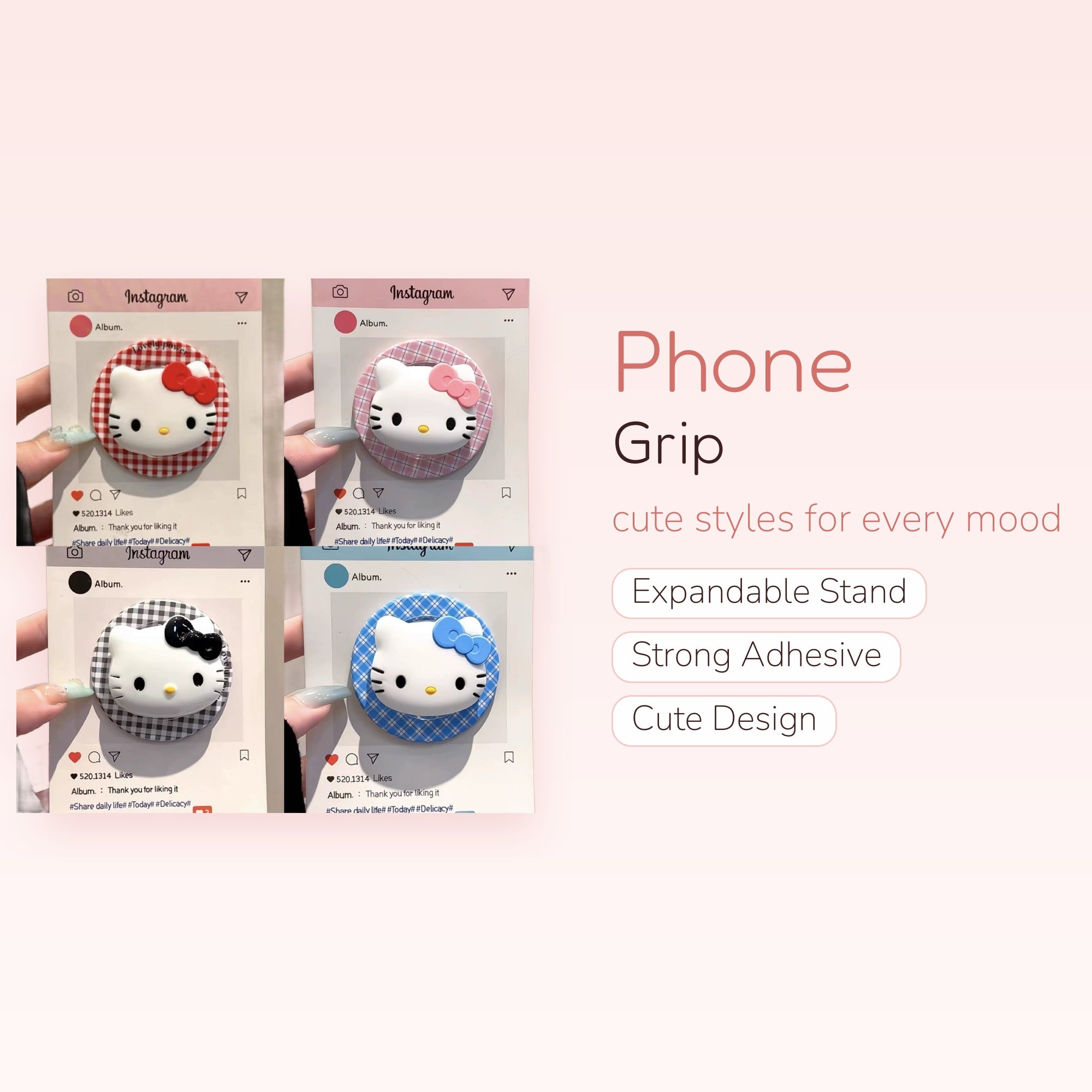 Cute Hello Kitty Plaid Phone Grip | Kawaii Pop Socket Stand for iPhone