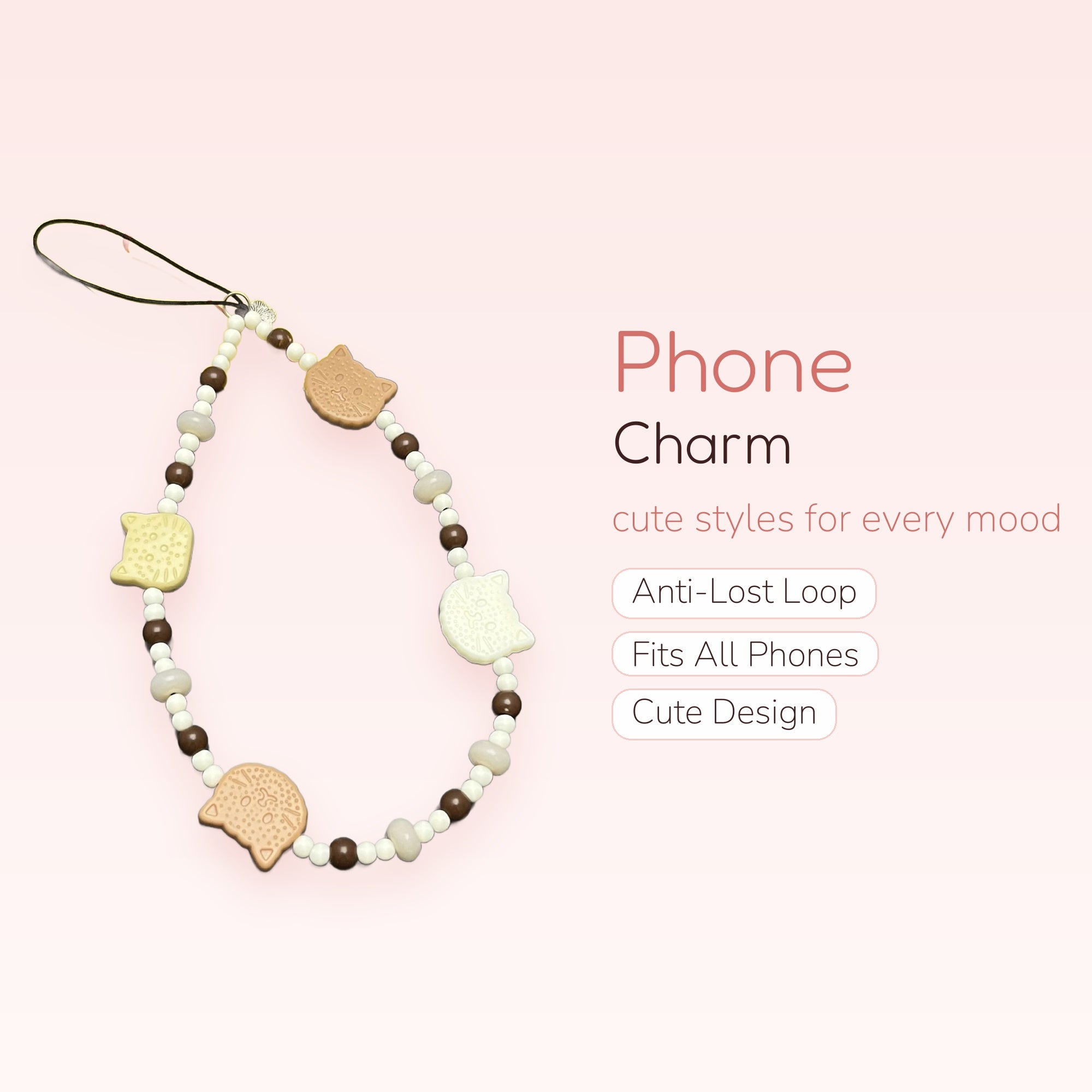 Cute Cat Cookie Beaded Phone Charm | Aesthetic Brown & Cream Wrist Lanyard