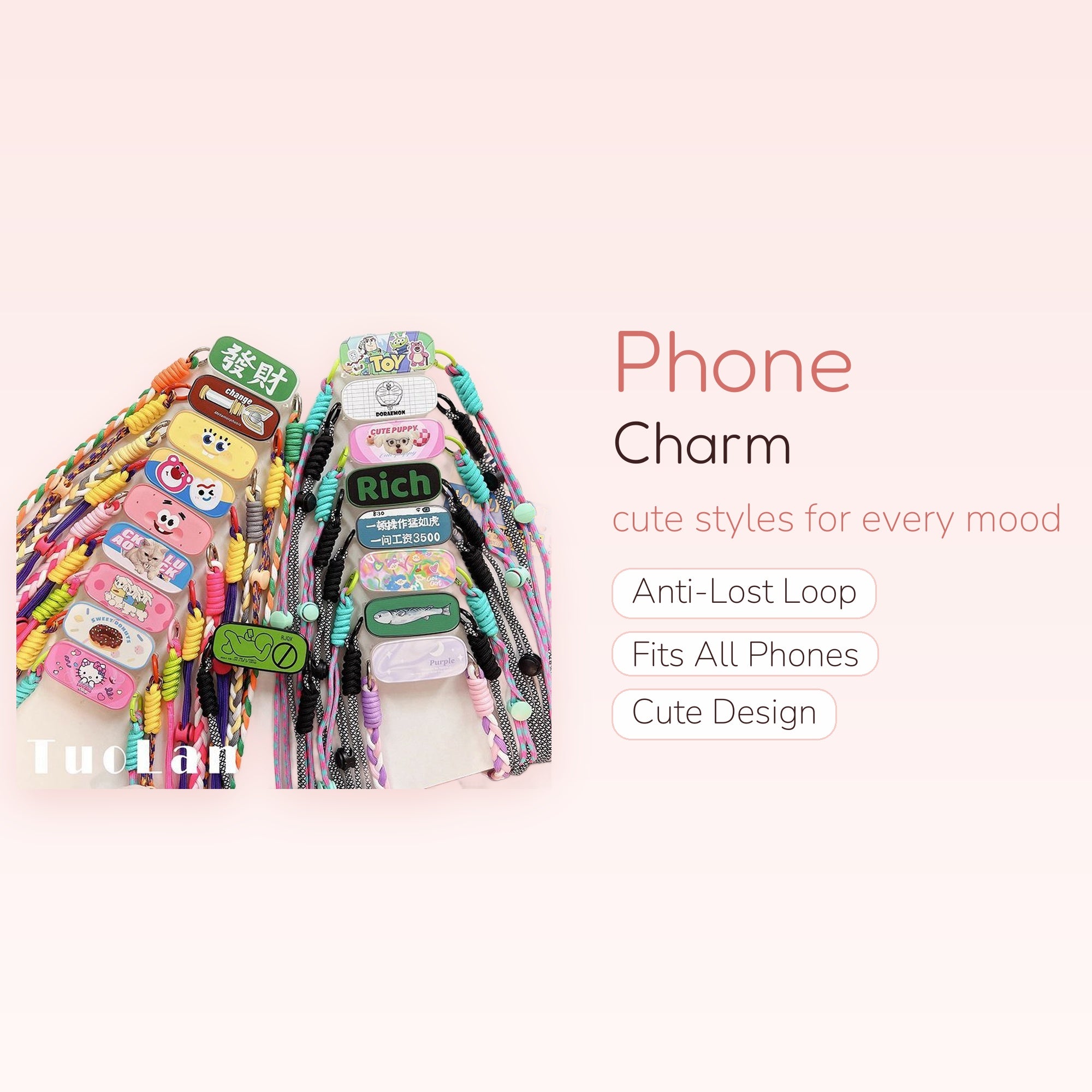 Kawaii Cartoon Character Phone Lanyard | Colorful Braided Crossbody Strap with Card Holder