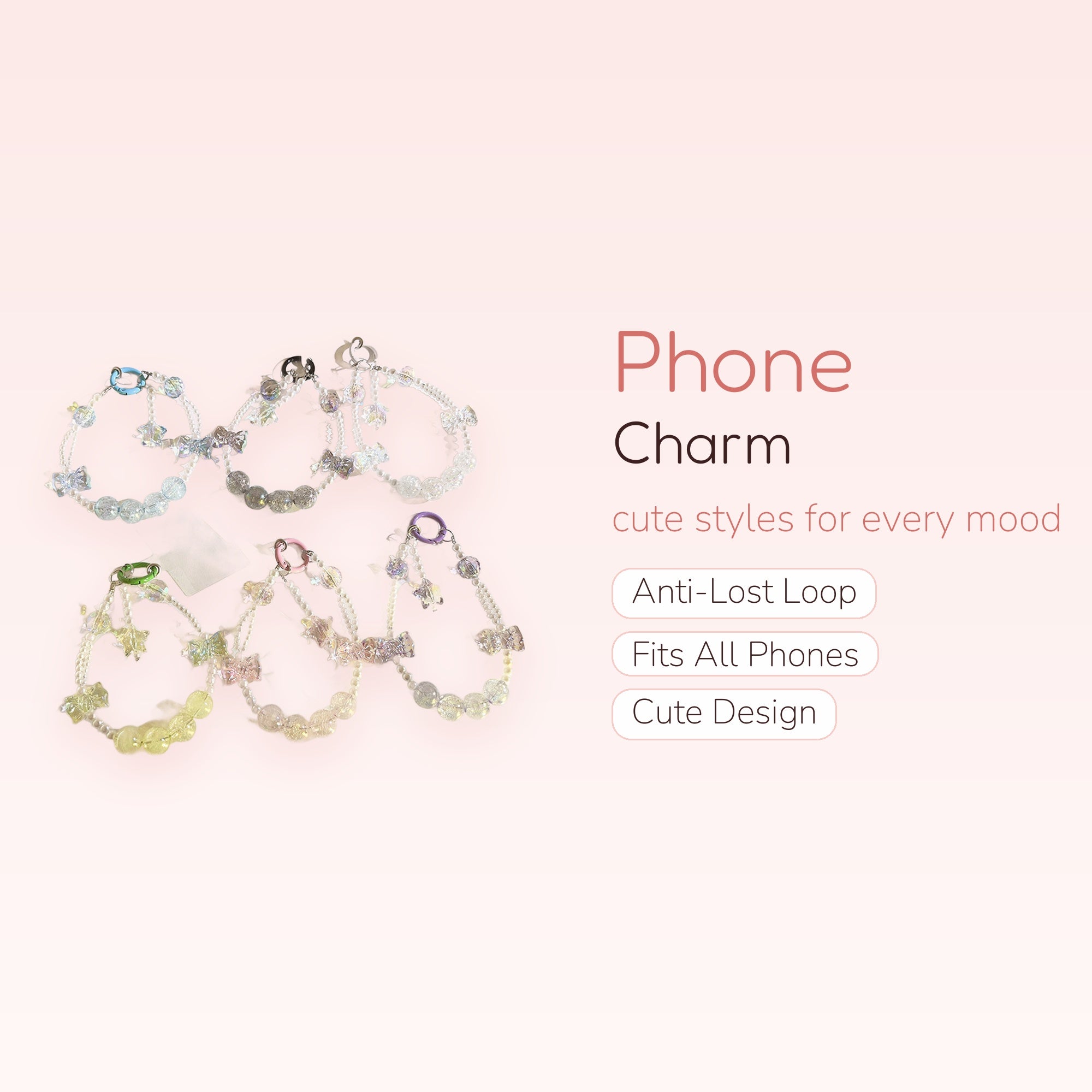 Kawaii Pearl & Crystal Star Phone Charm | Pastel Beaded Wrist Strap Lanyard