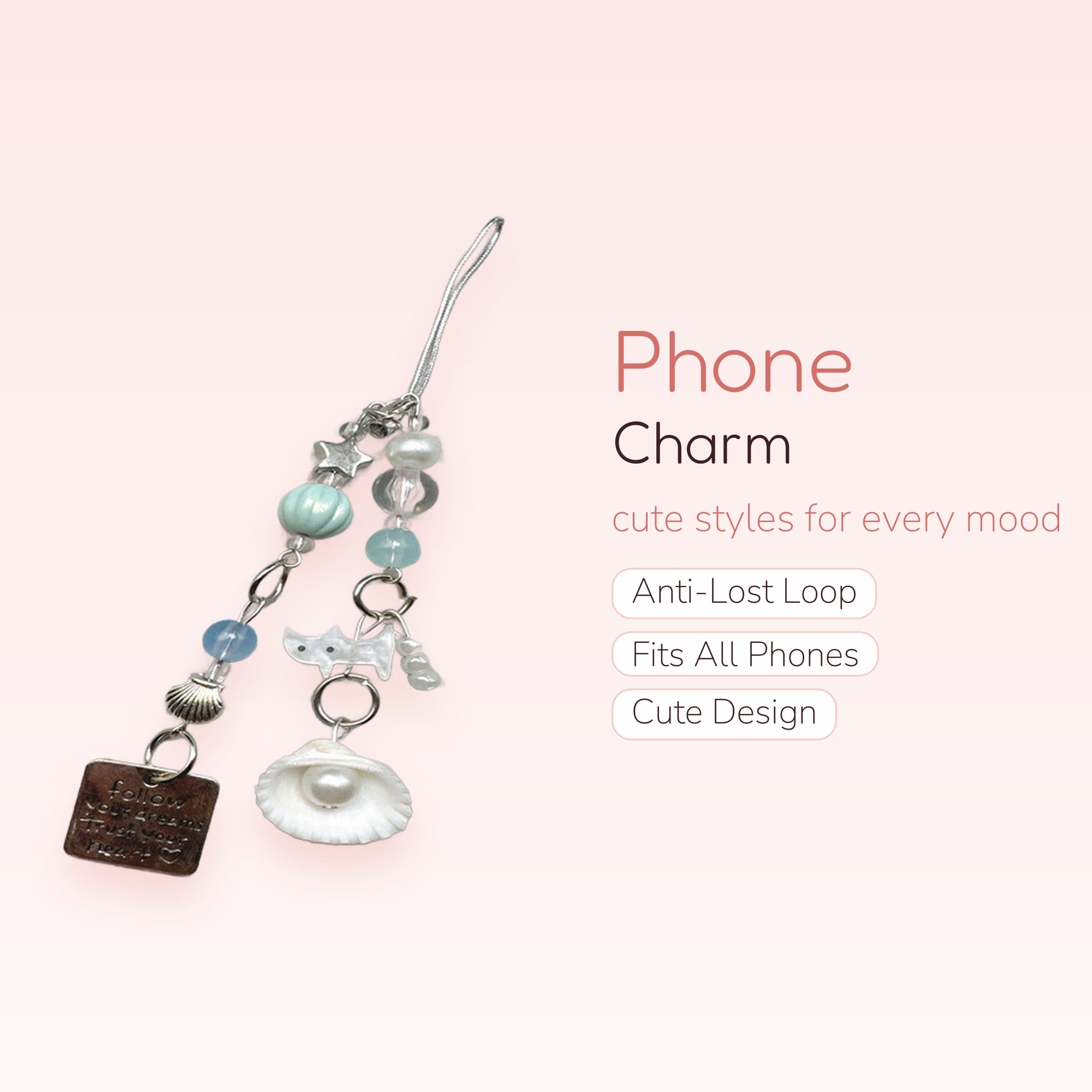 Kawaii Pastel Blue & Pearl Beaded Phone Charm | Ocean-Themed Shell & Star Lanyard