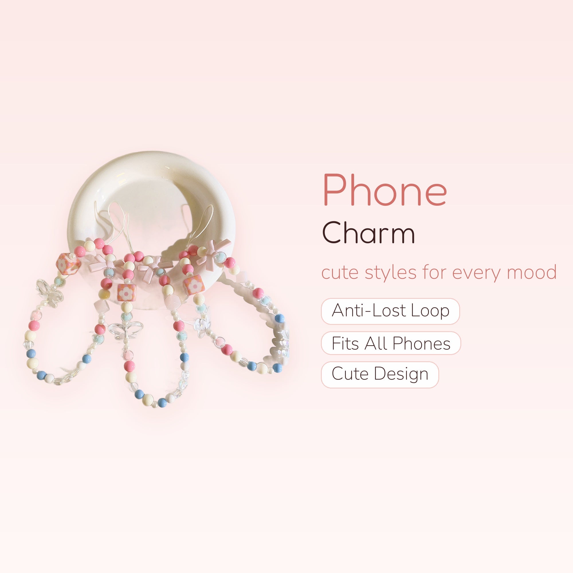Pastel Beaded Phone Charm Strap | Kawaii Flower Cube & Butterfly Wrist Lanyard