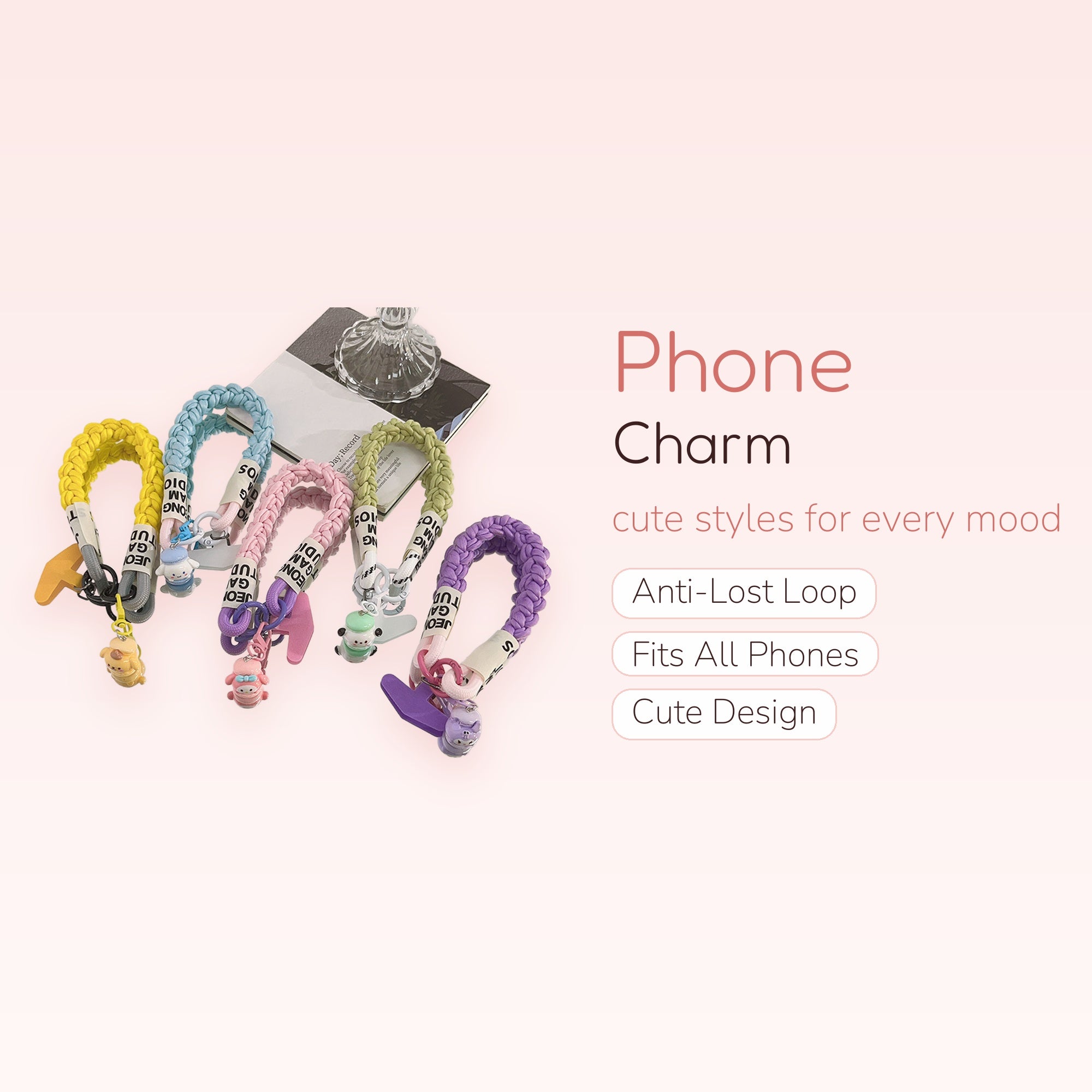 Braided Rope Phone Charm Strap with Cartoon Character & Letter Charms | Colorful Wrist Lanyard
