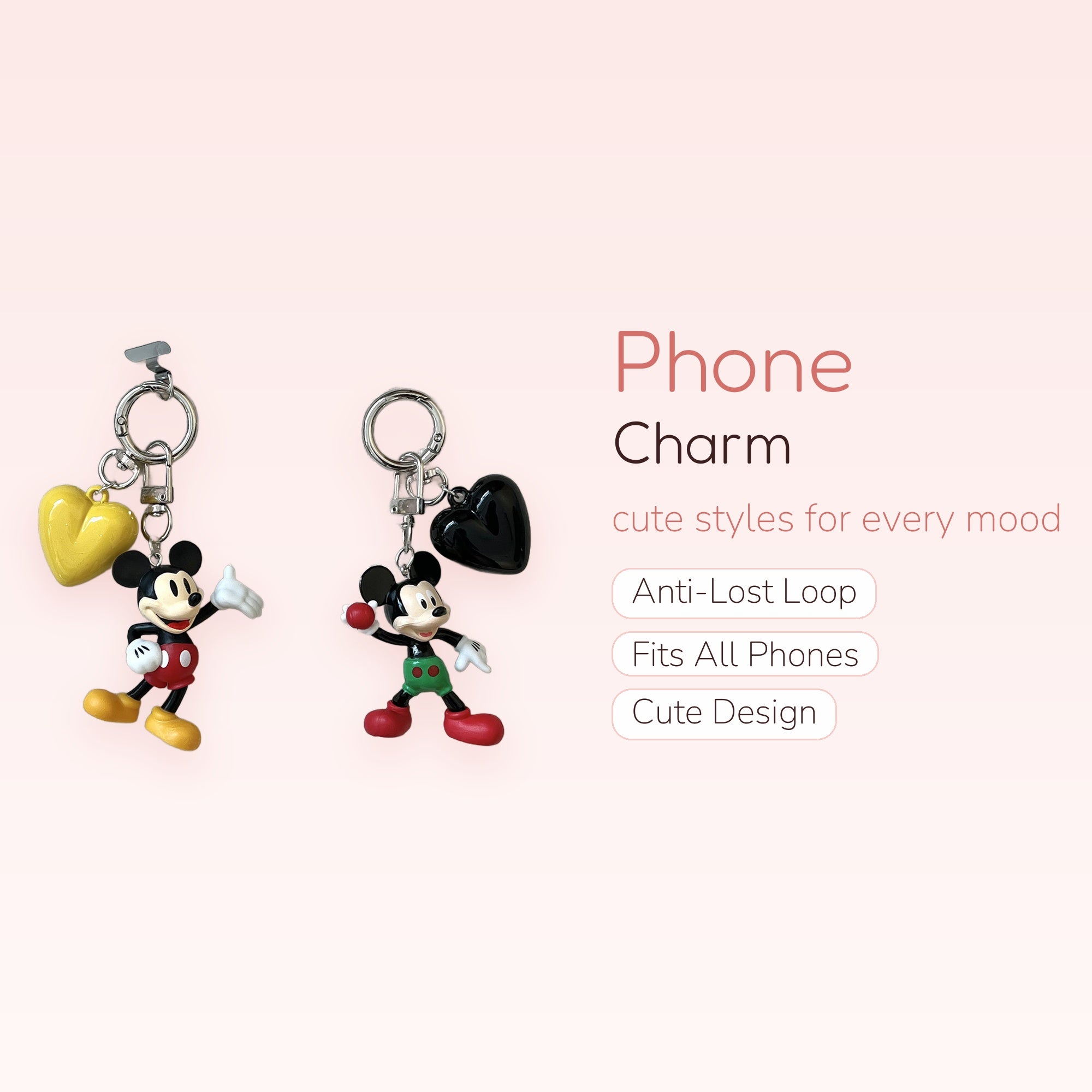Cute Mickey Mouse & Heart Phone Charm | Aesthetic Disney Character Keychain