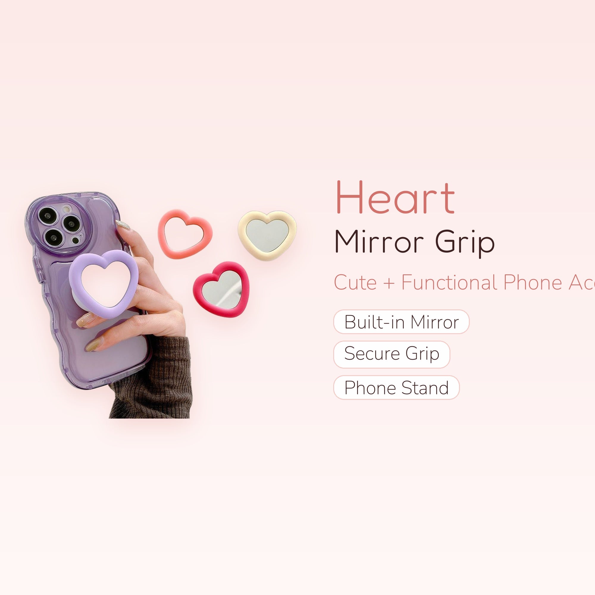 Cute Heart Mirror Phone Grip Stand | Kawaii Pop Socket Holder