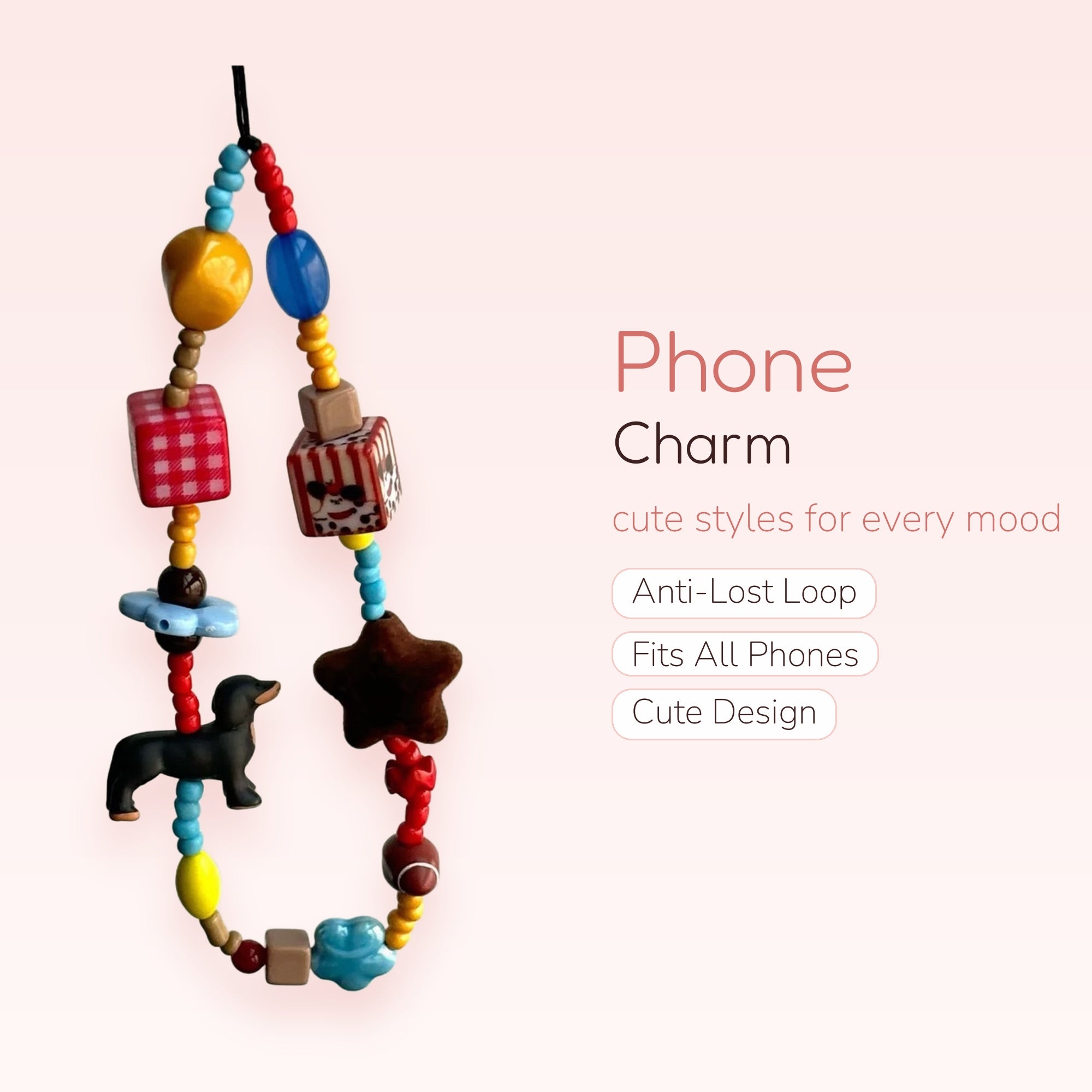 Cute Multi-Color Beaded Phone Charm | Y2K Dog & Star Charm Phone Strap