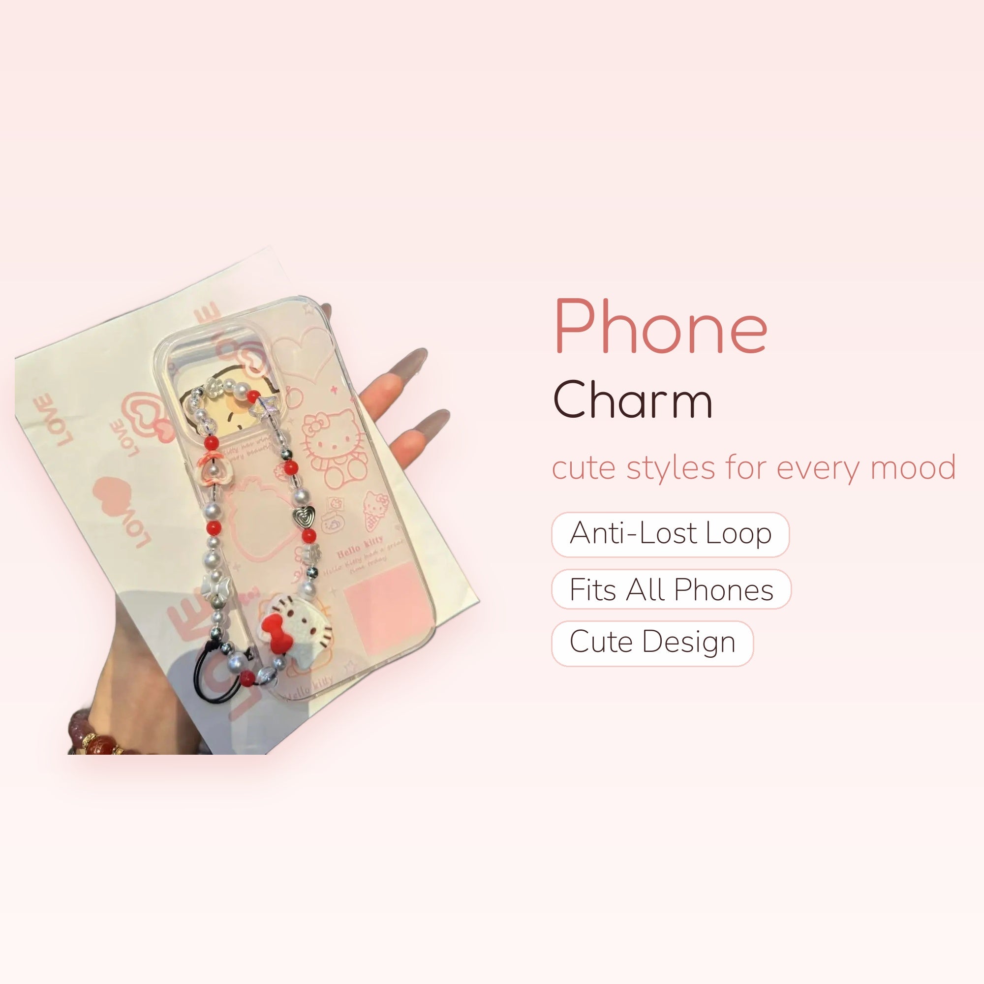 Kawaii Hello Kitty Beaded Phone Charm Strap | Red & Silver Pearl Wrist Lanyard