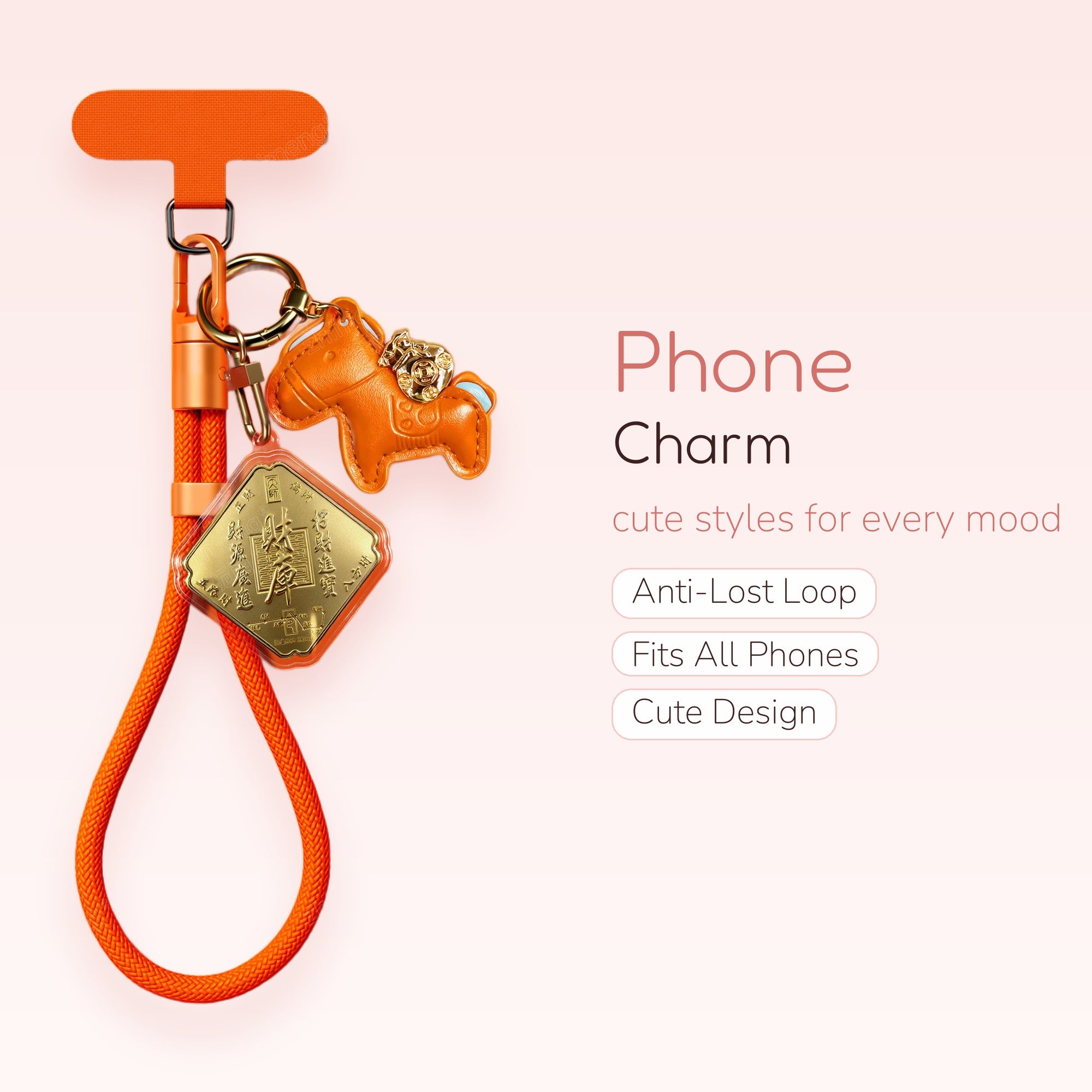 Orange Braided Wrist Phone Charm Lanyard | Lucky Horse & Coin Keychain Strap