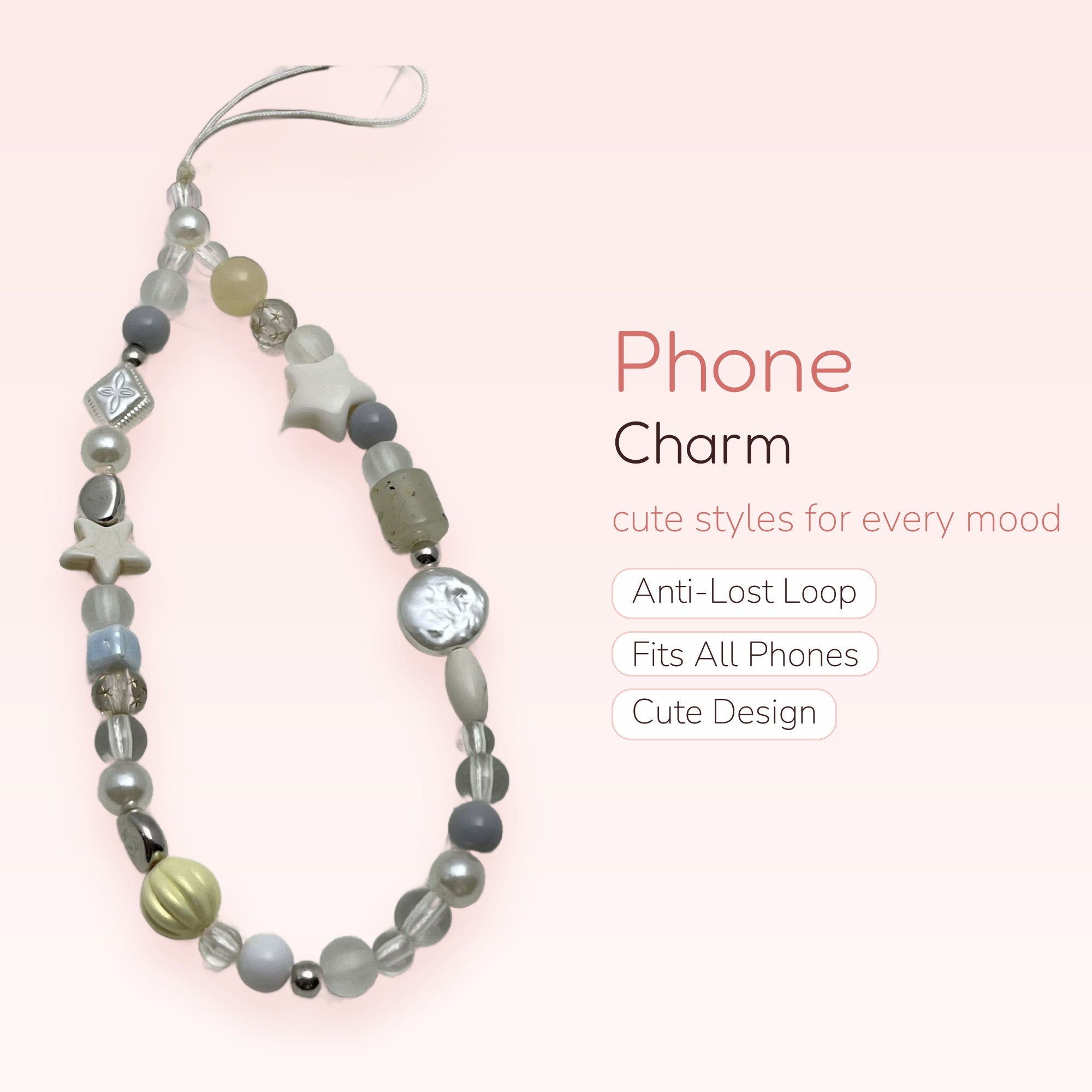 Aesthetic Pastel Beaded Phone Charm Strap | Cute Star & Pearl Wrist Lanyard