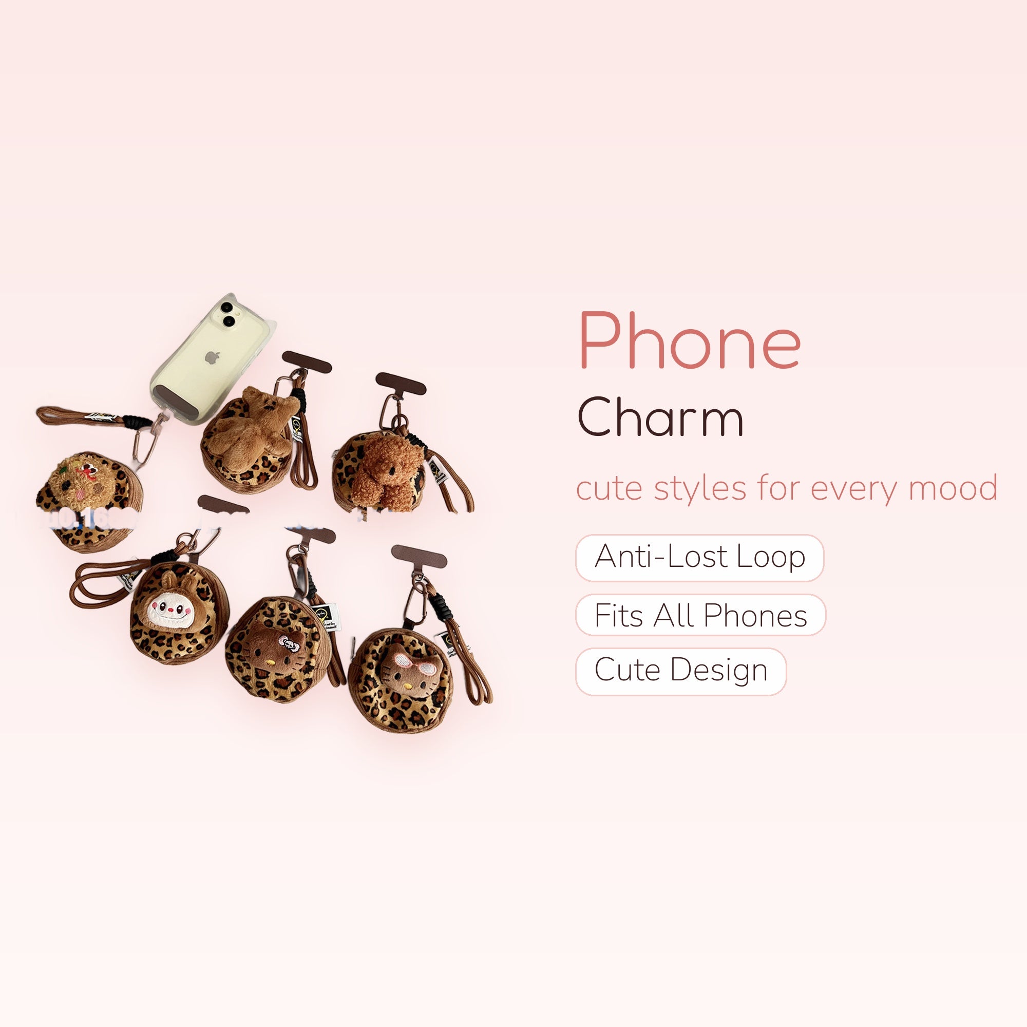 Leopard Print Plush Animal Phone Charm | Cute Wrist Strap with Bear & Hello Kitty