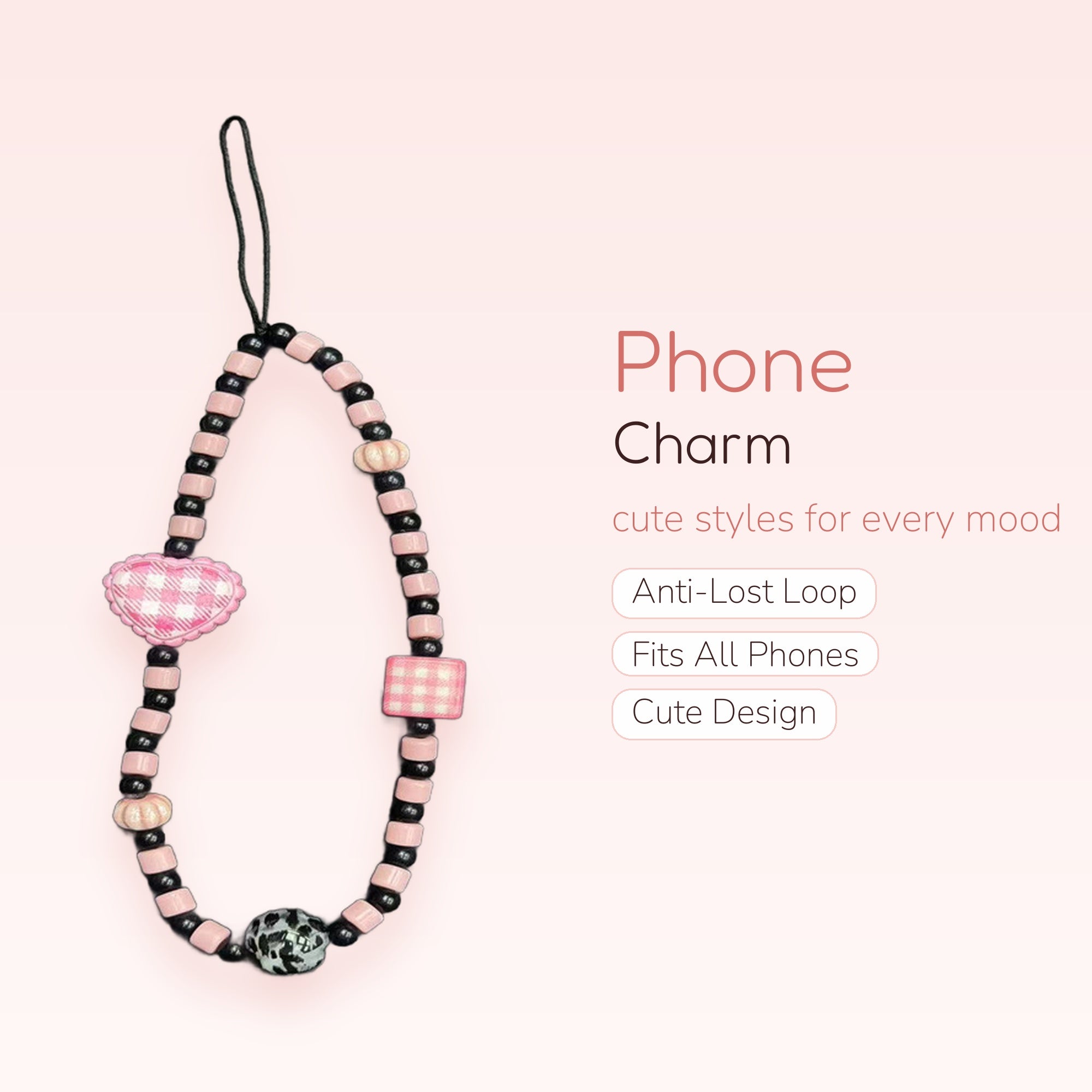 Aesthetic Pink & Black Gingham Phone Charm Strap | Cute Beaded Wrist Lanyard