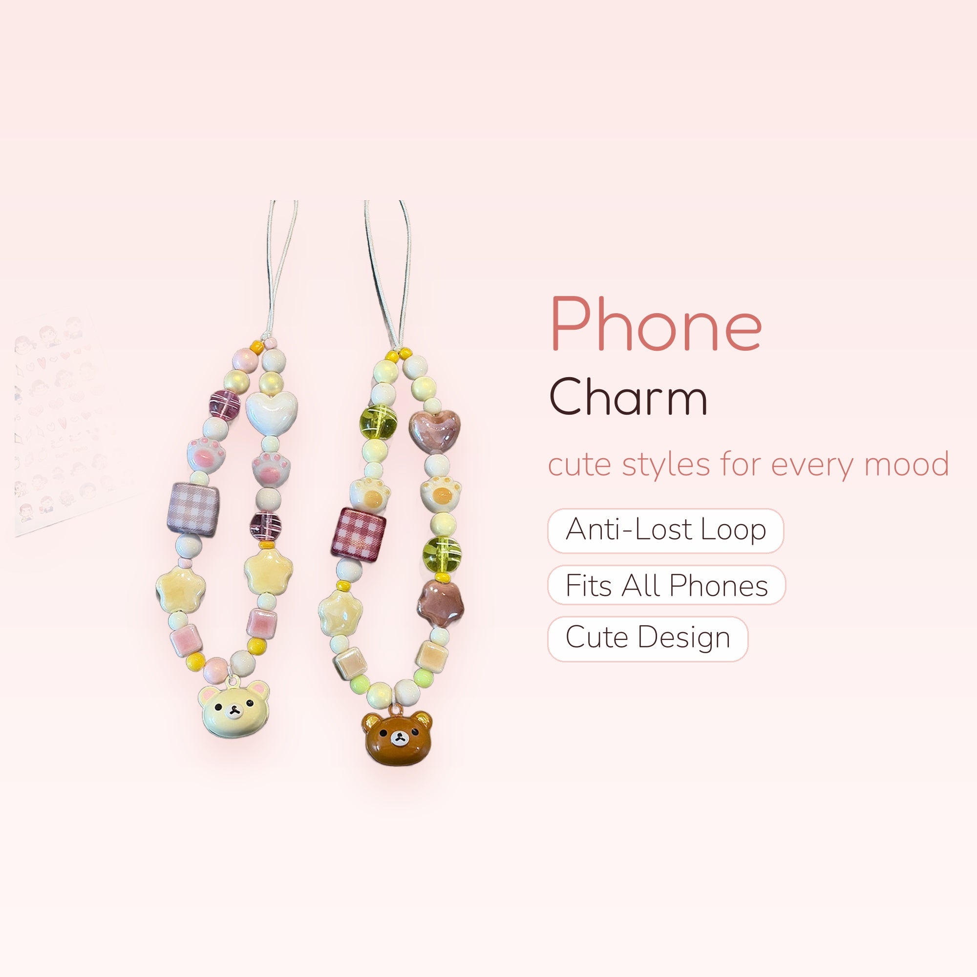 Kawaii Pastel Beaded Phone Charm Strap | Cute Bear & Paw Print Wrist Lanyard