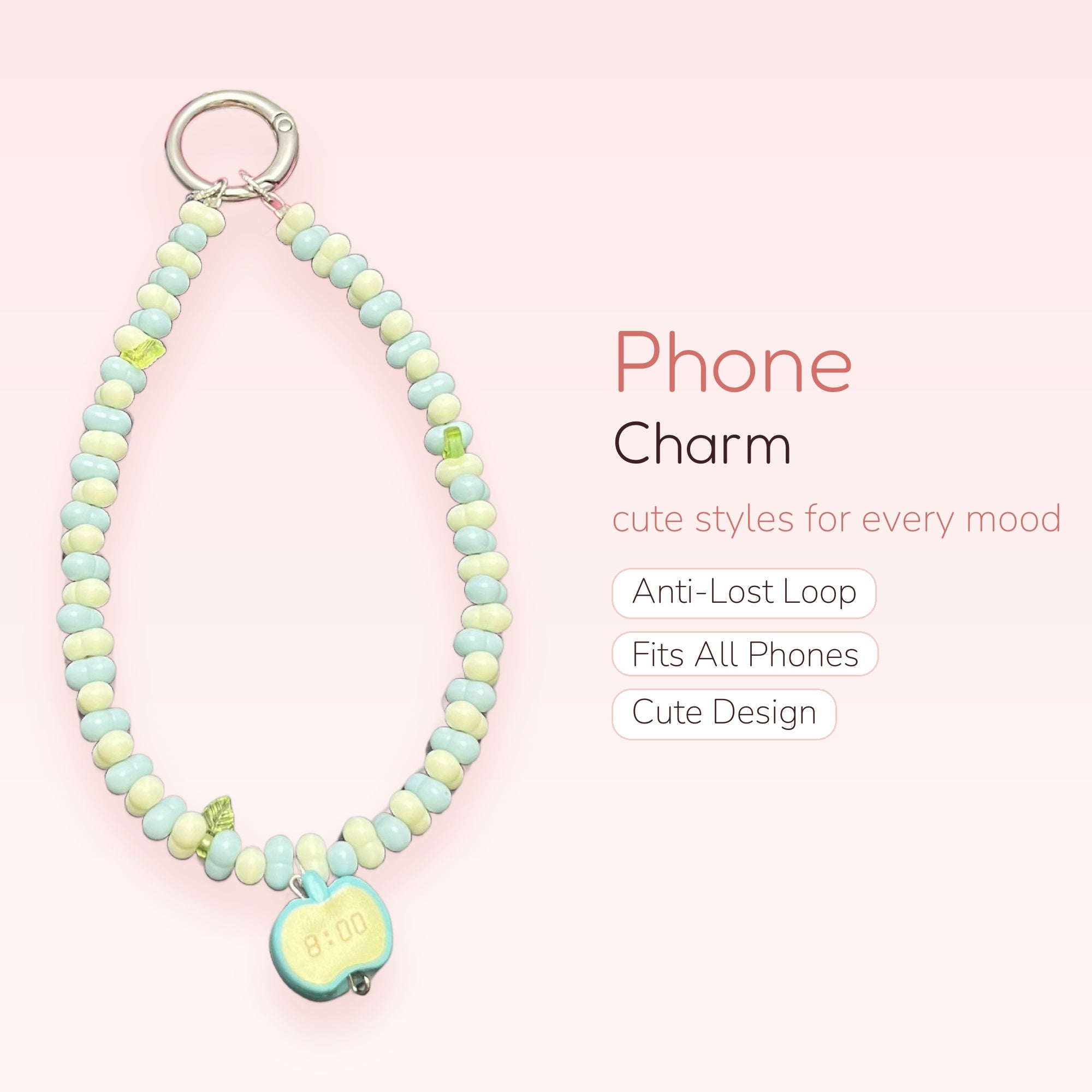 Pastel Blue & Yellow Beaded Phone Charm | Cute Apple Clock Wrist Strap