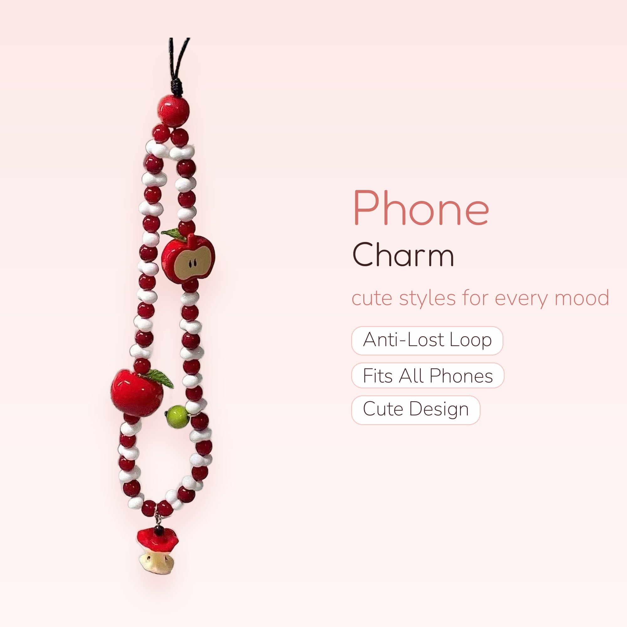 Kawaii Red & White Apple Beaded Phone Charm | Cute Fruit Wrist Strap
