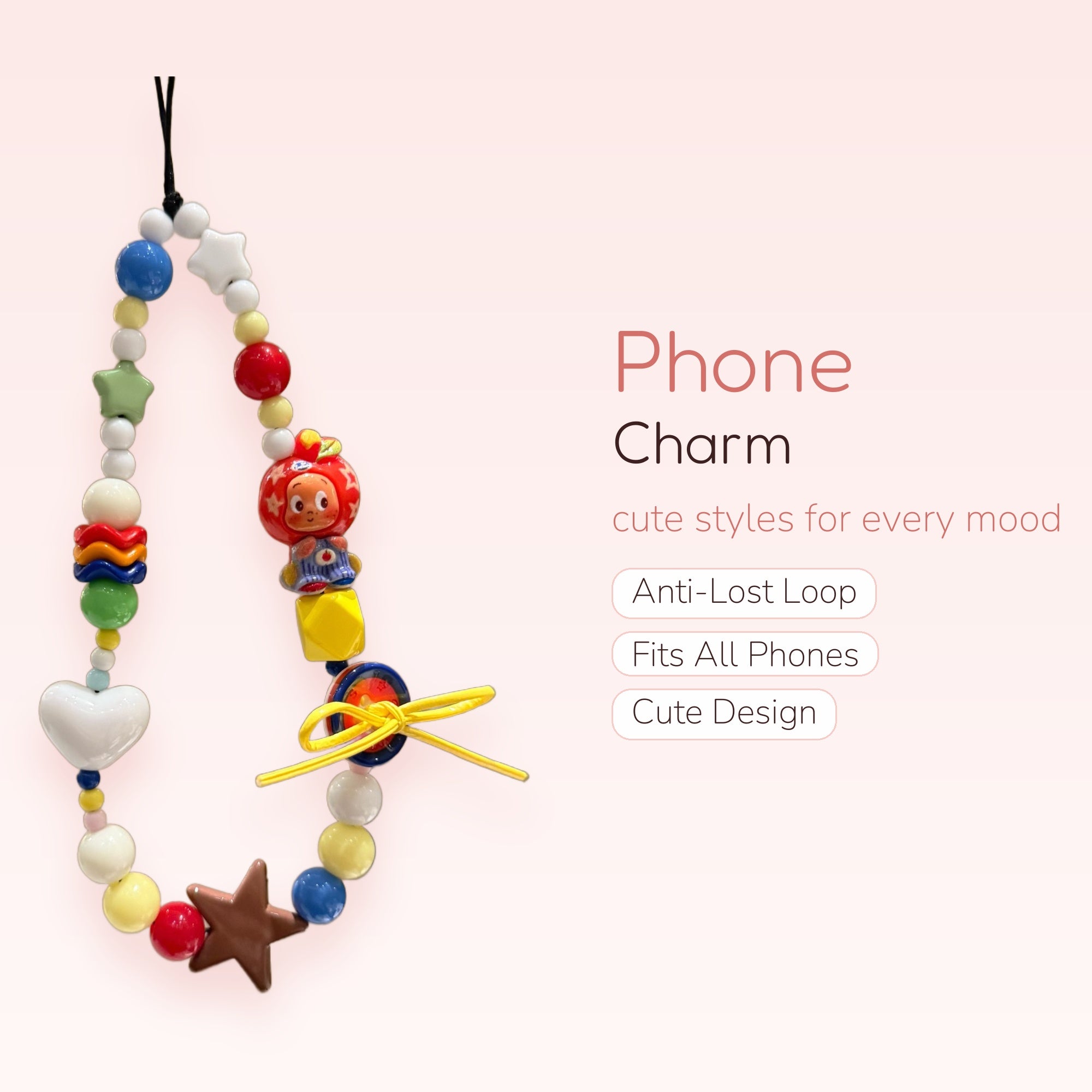 Colorful Beaded Phone Charm Strap | Kawaii Character & Star Wrist Lanyard