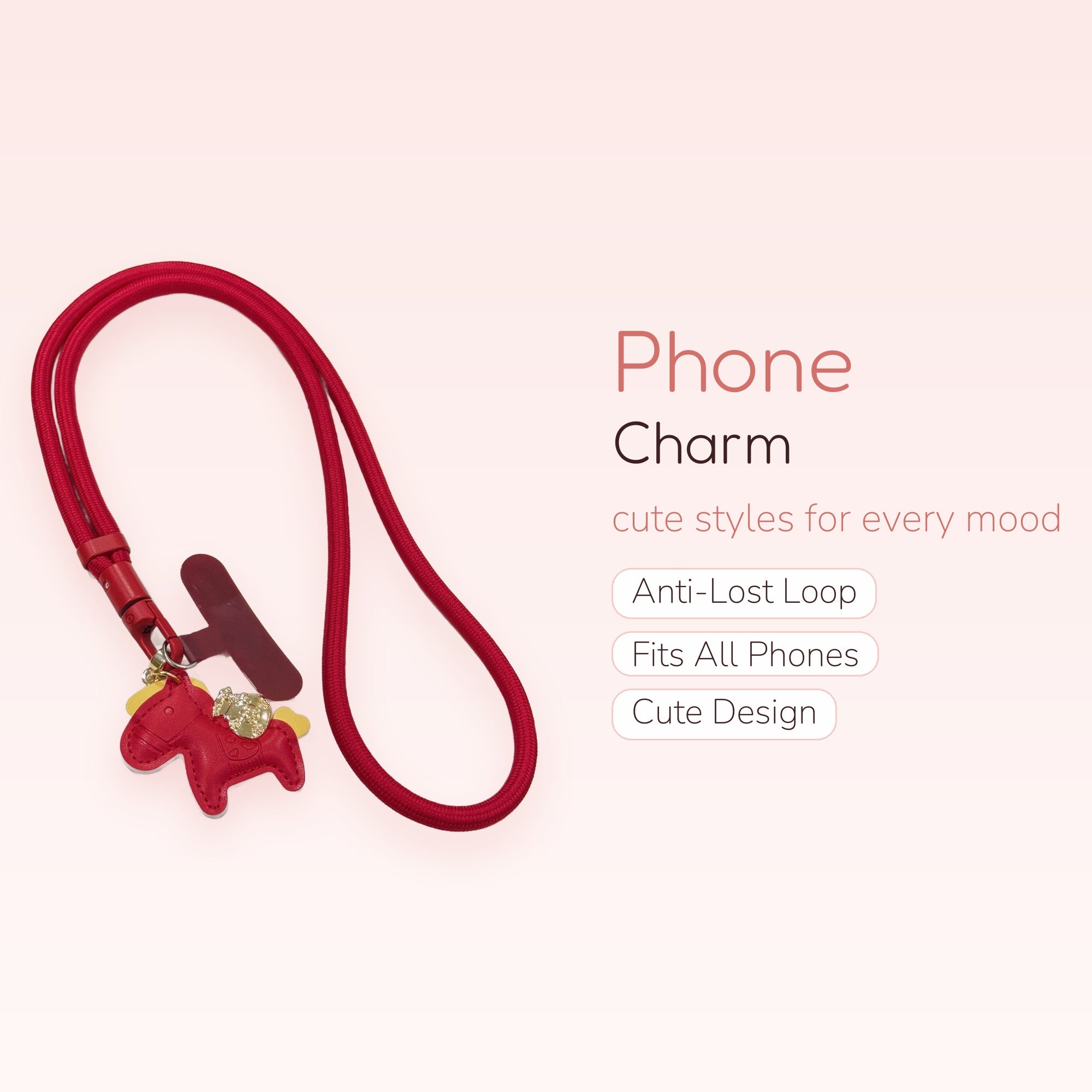 Red Braided Lanyard Phone Charm with Leather Horse & Gold Charm | Cute Neck Strap Phone Holder