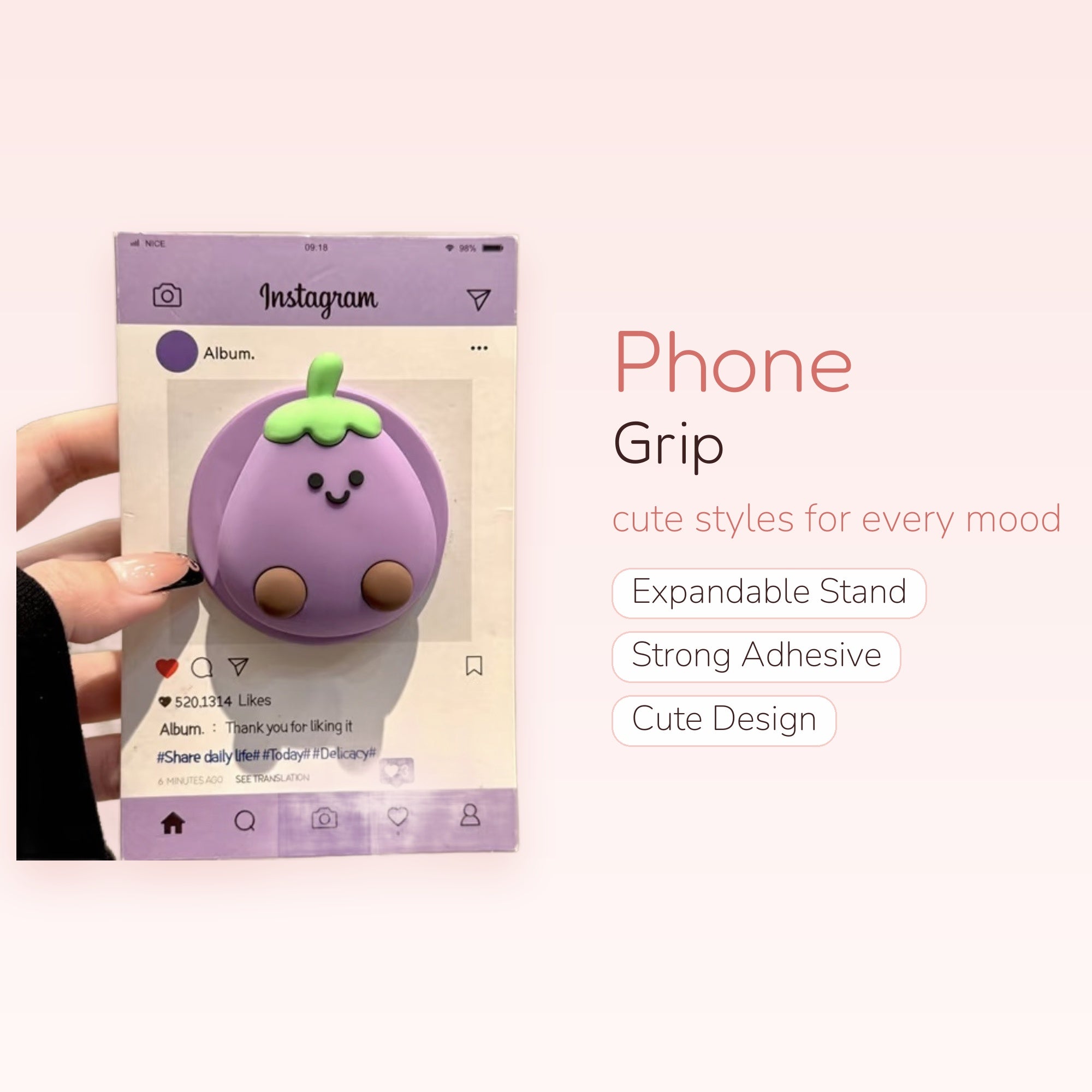 Kawaii Purple Eggplant Phone Grip | Cute Smiling Vegetable Pop Socket Stand