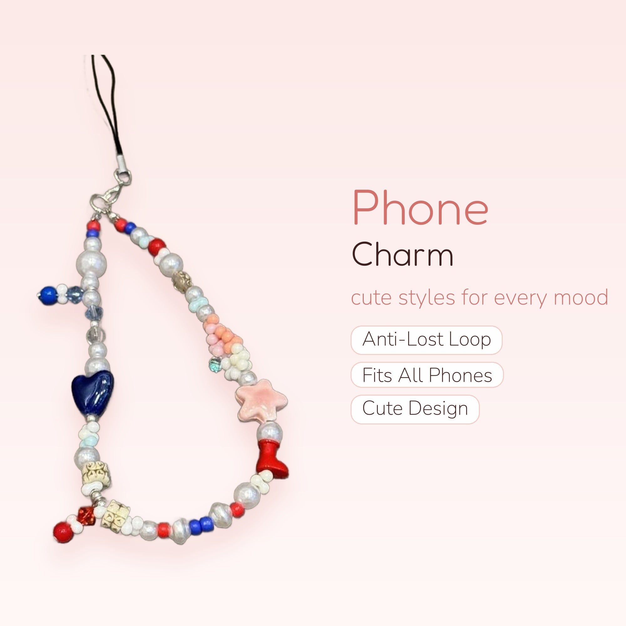 Kawaii Pearl & Beaded Phone Charm | Red, White, Blue & Pastel Y2K Wrist Strap