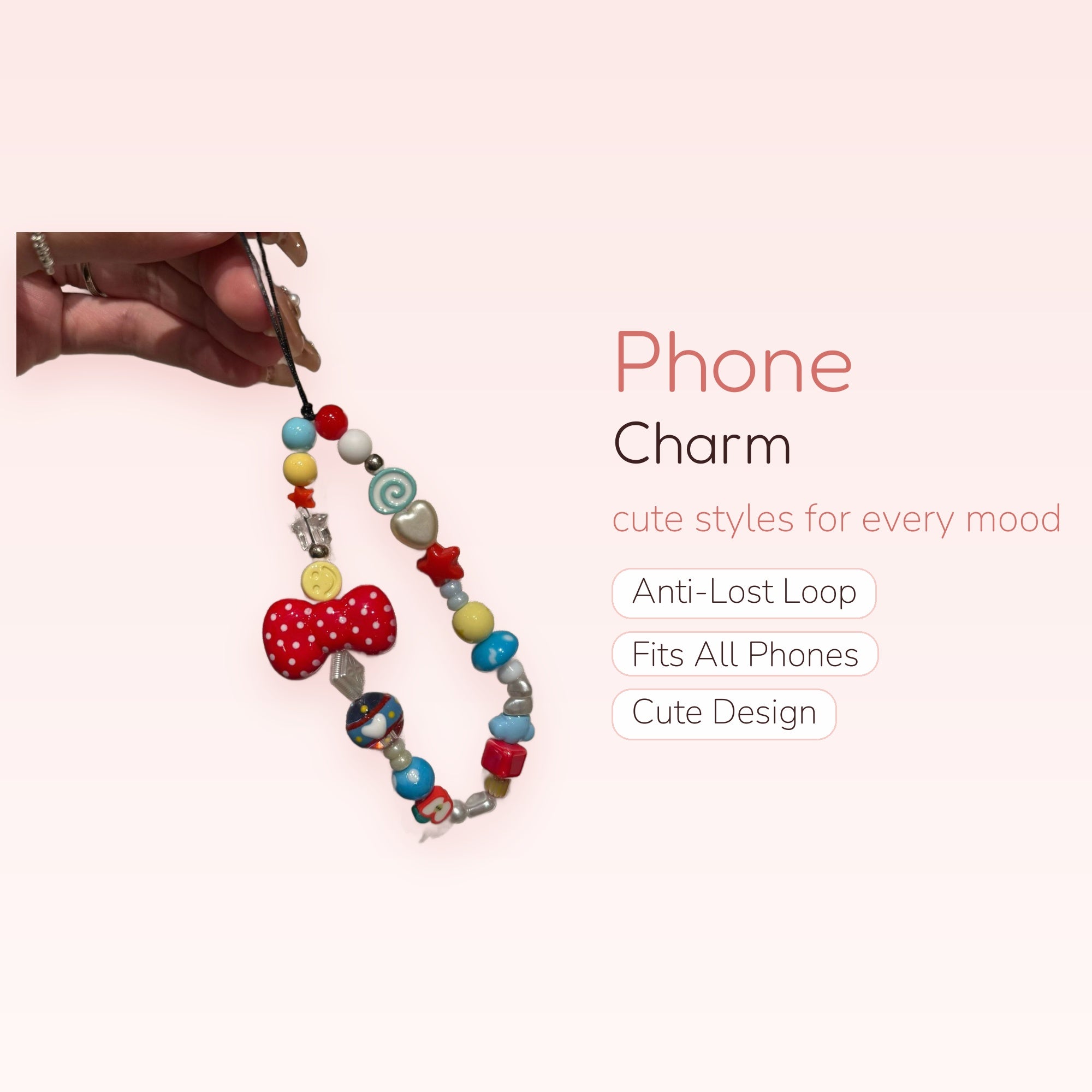 Kawaii Polka Dot Bow & Mixed Bead Phone Charm | Colorful Y2K Wrist Strap