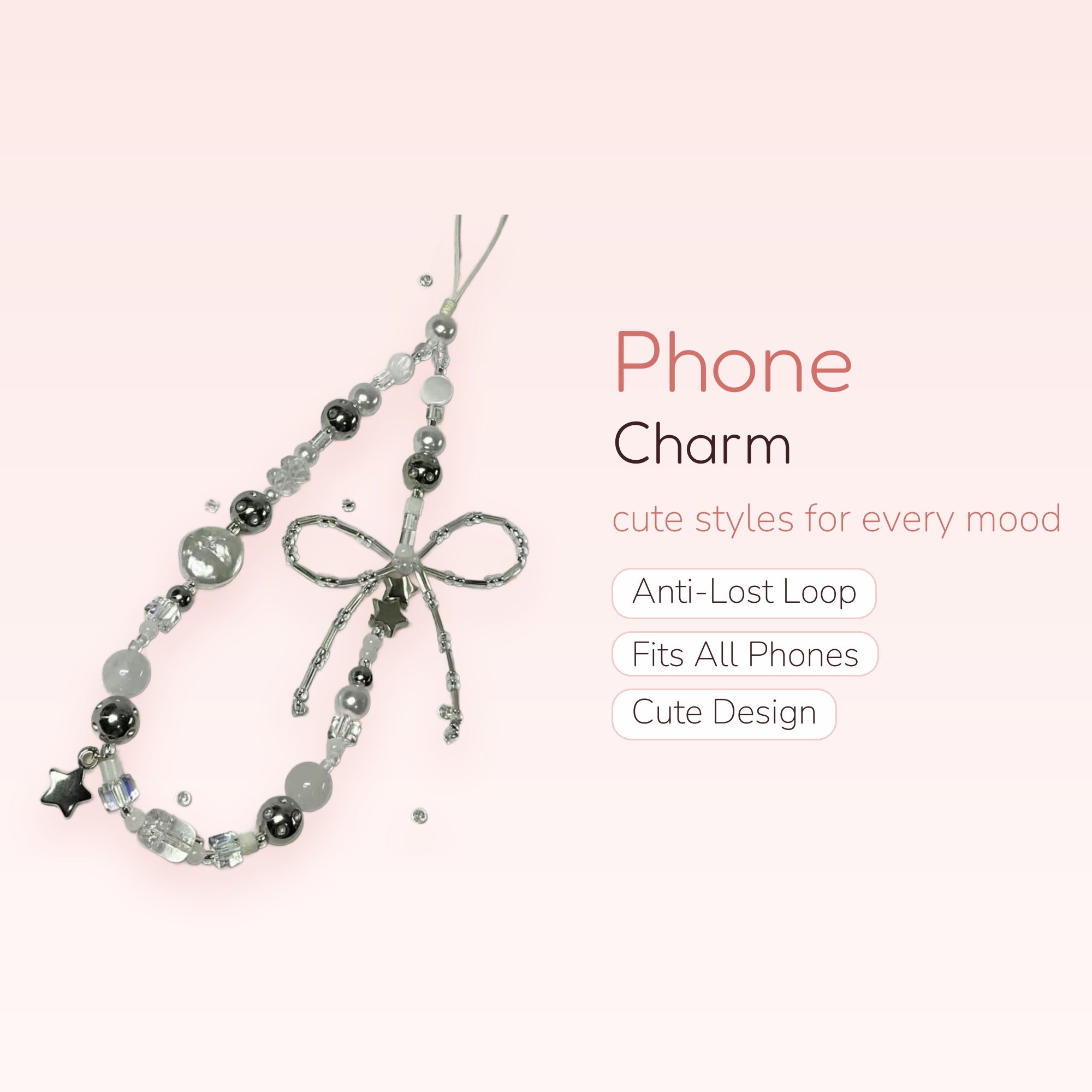 Aesthetic Silver & White Beaded Phone Charm | Kawaii Star & Bow Wrist Strap