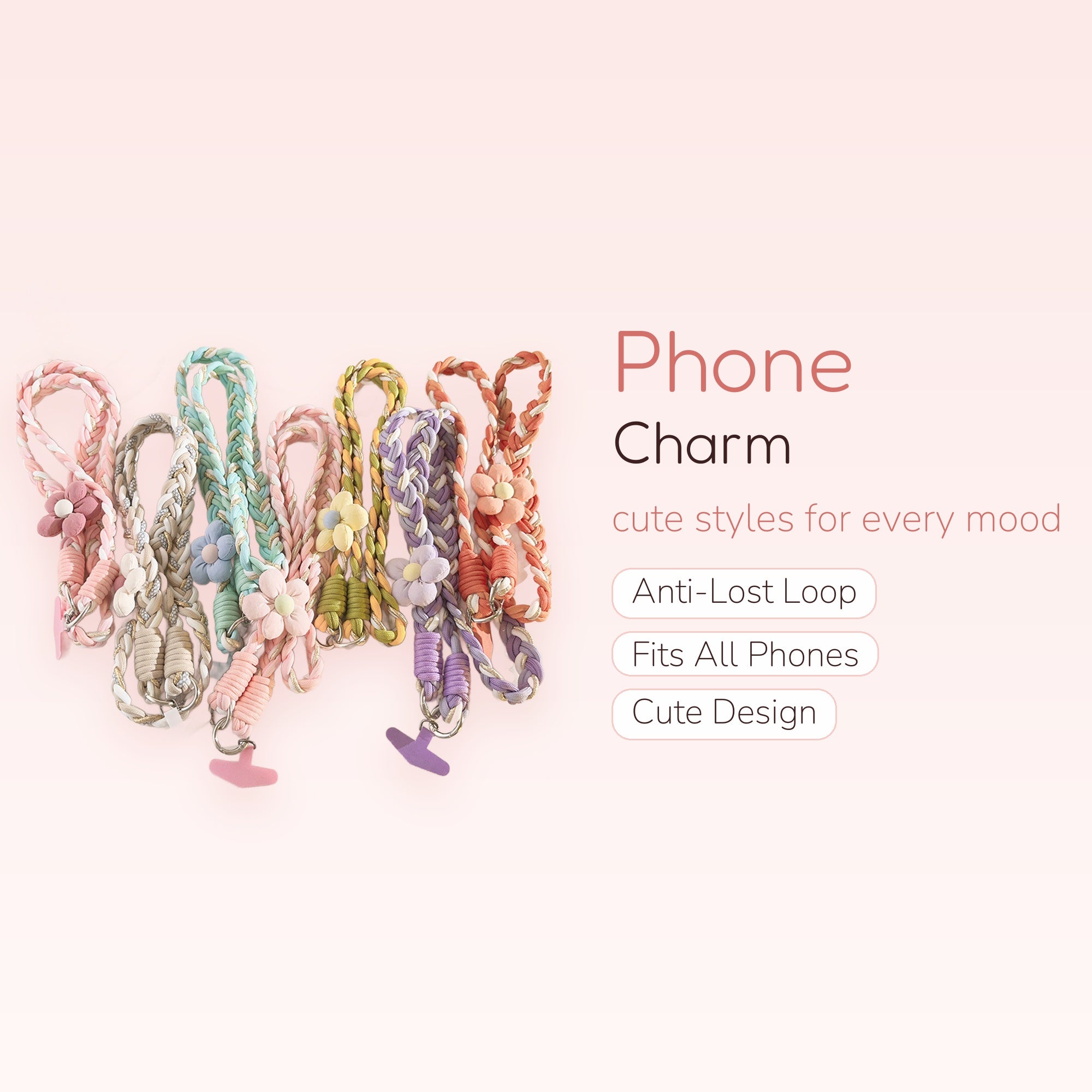 Braided Floral Phone Charm Wristlet | Pastel Woven Lanyard with Flower Accents