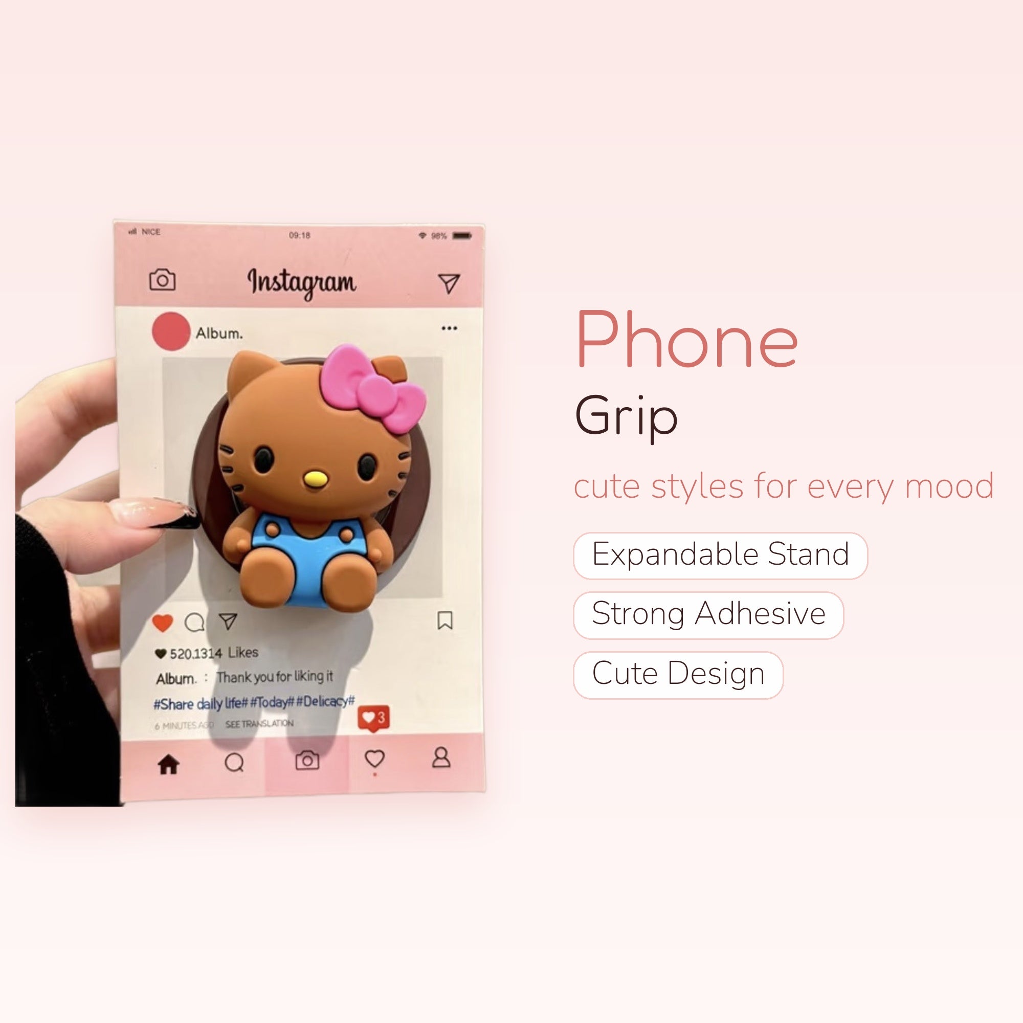 Cute Hello Kitty Instagram Phone Grip | Kawaii Brown Kitty Pop Socket Stand