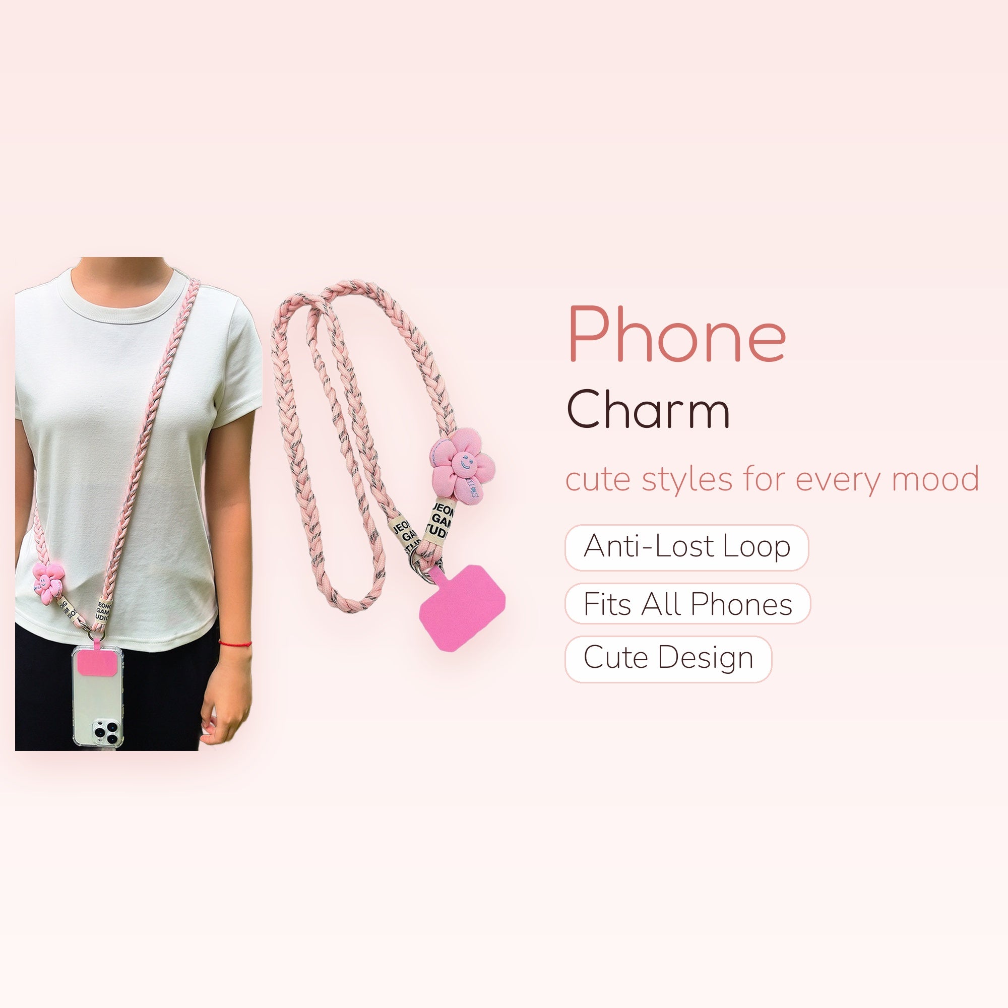 Cute Pink Braided Phone Lanyard | Kawaii Flower Crossbody Phone Strap