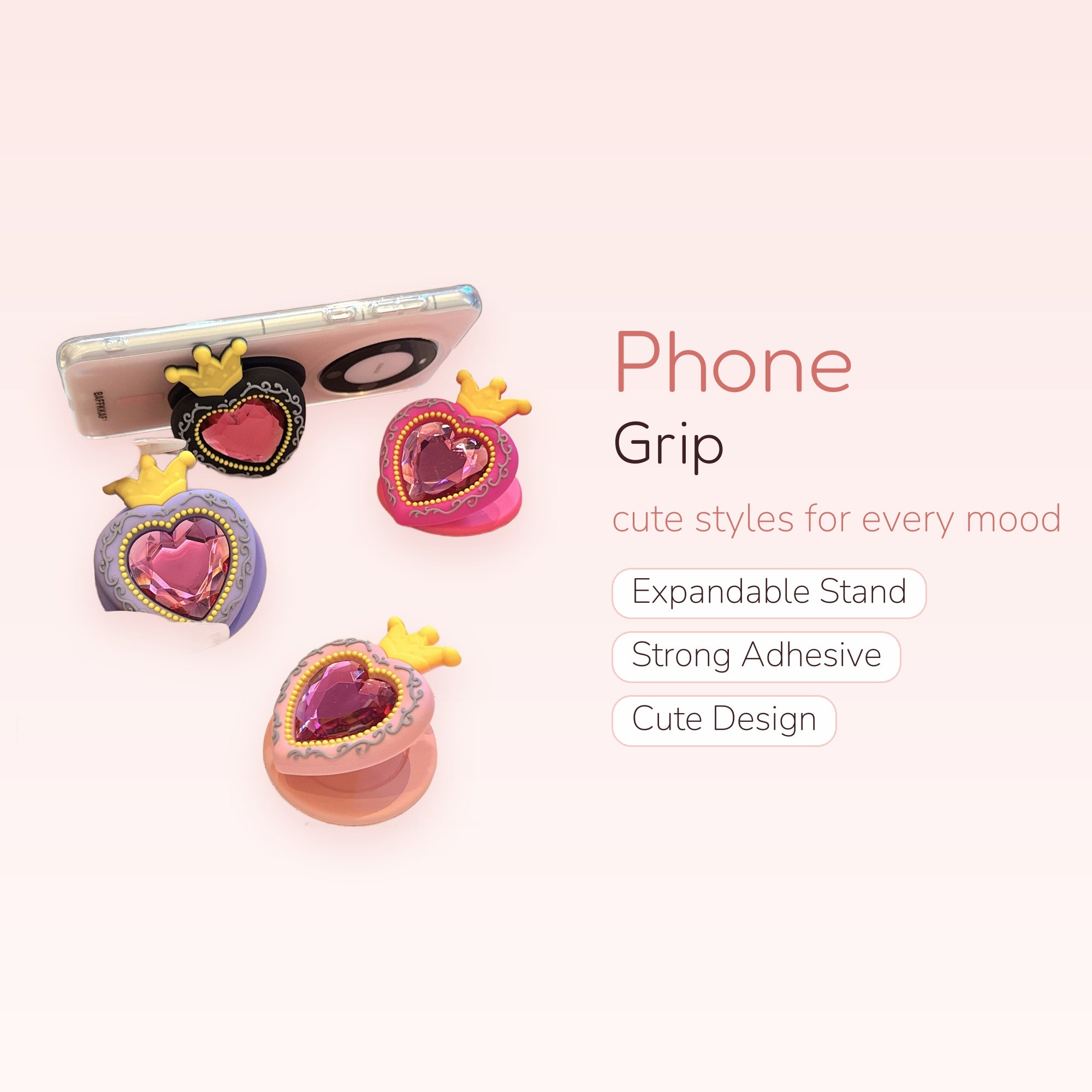 Kawaii Crowned Heart Gem Phone Grip | Aesthetic Pop Socket Stand for Phones