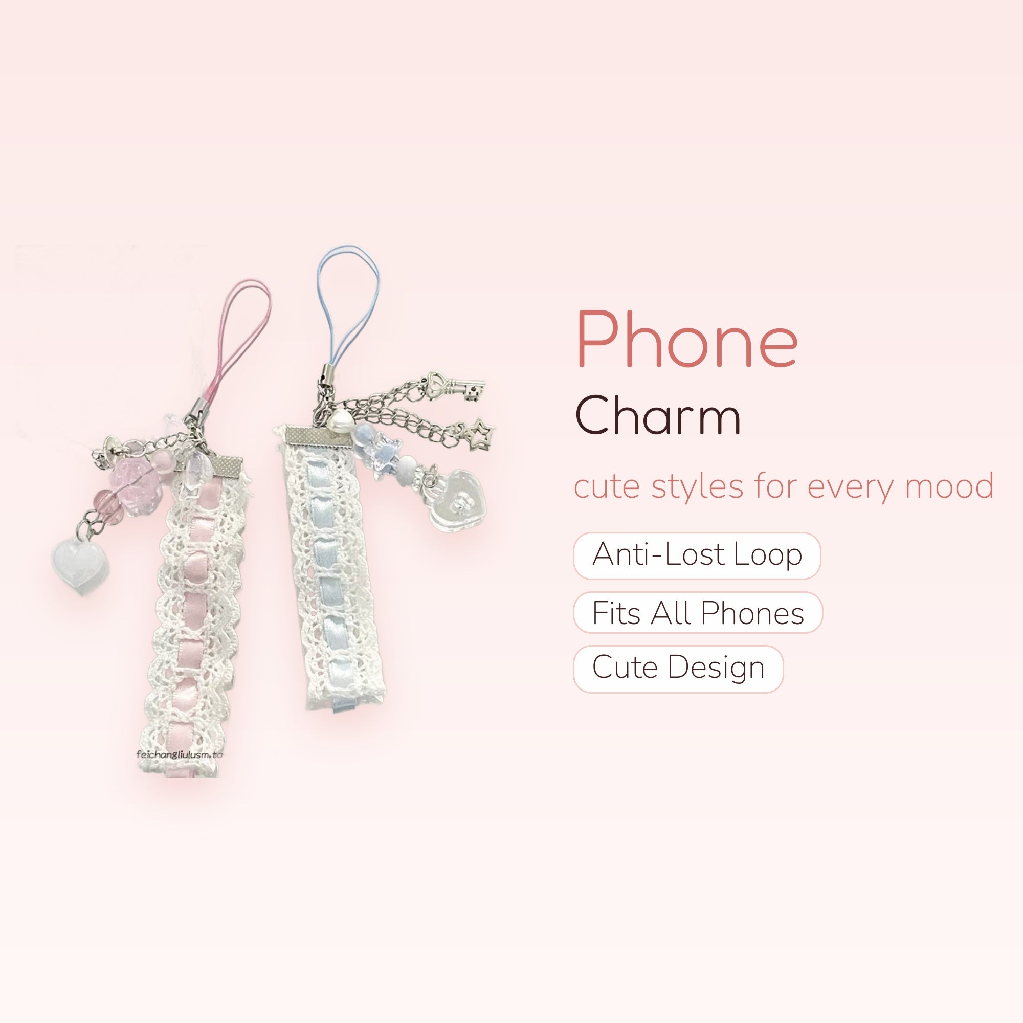 Kawaii Lace & Ribbon Phone Charm Strap | Pastel Beaded Wrist Lanyard with Hearts & Keys