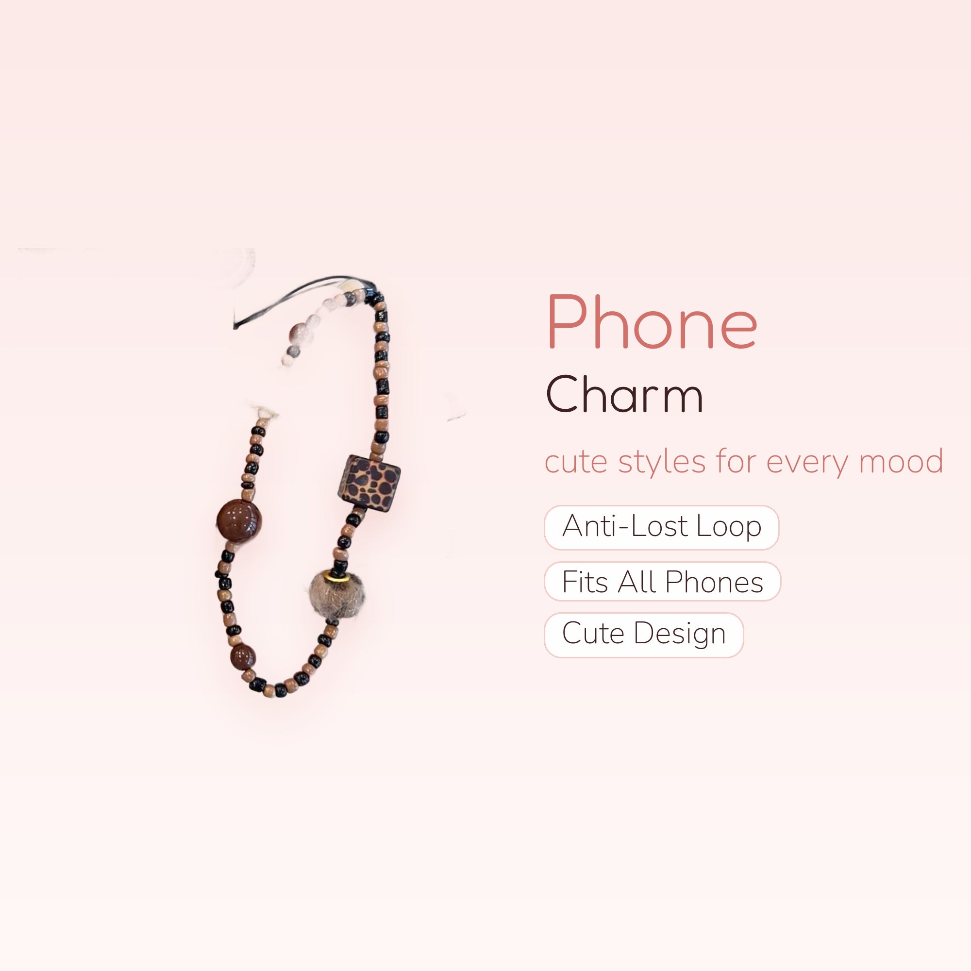 Aesthetic Brown & Black Beaded Phone Charm | Leopard Print Wrist Strap