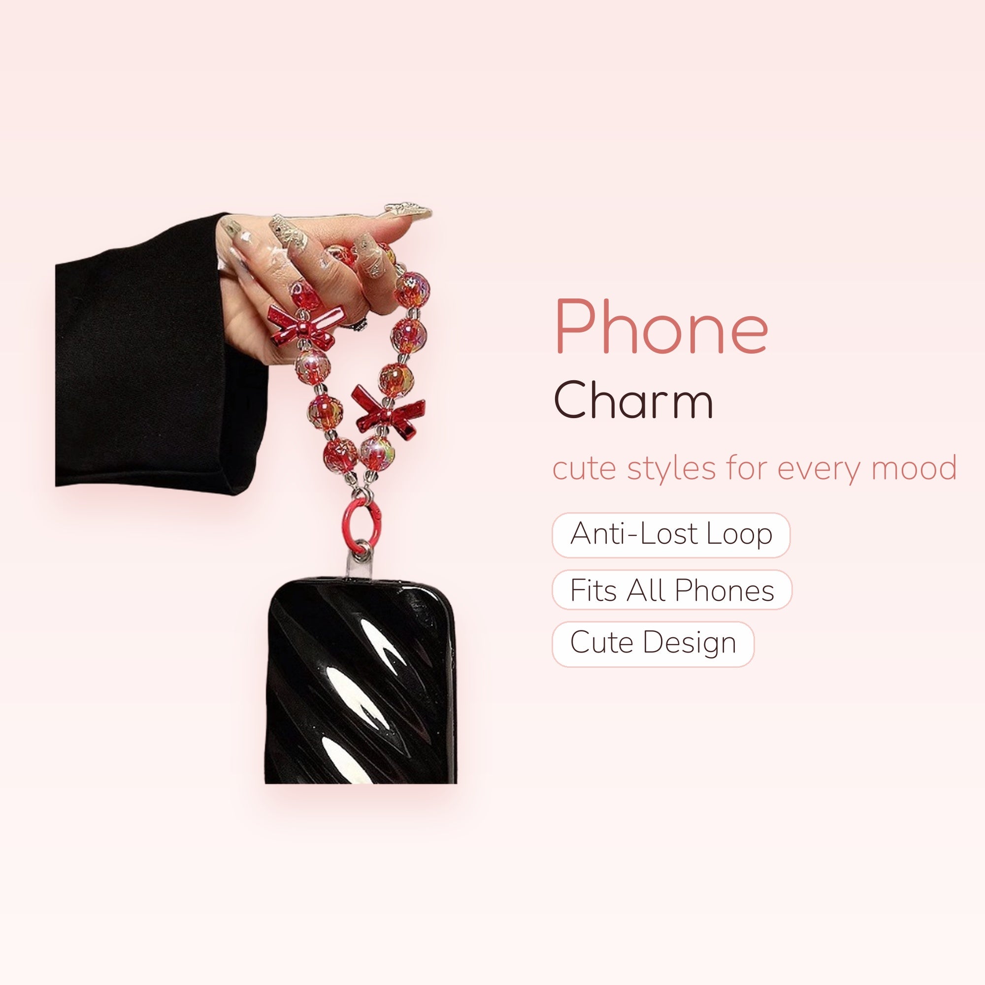 Aesthetic Red Bow & Clear Beaded Phone Charm | Y2K Wrist Strap Lanyard