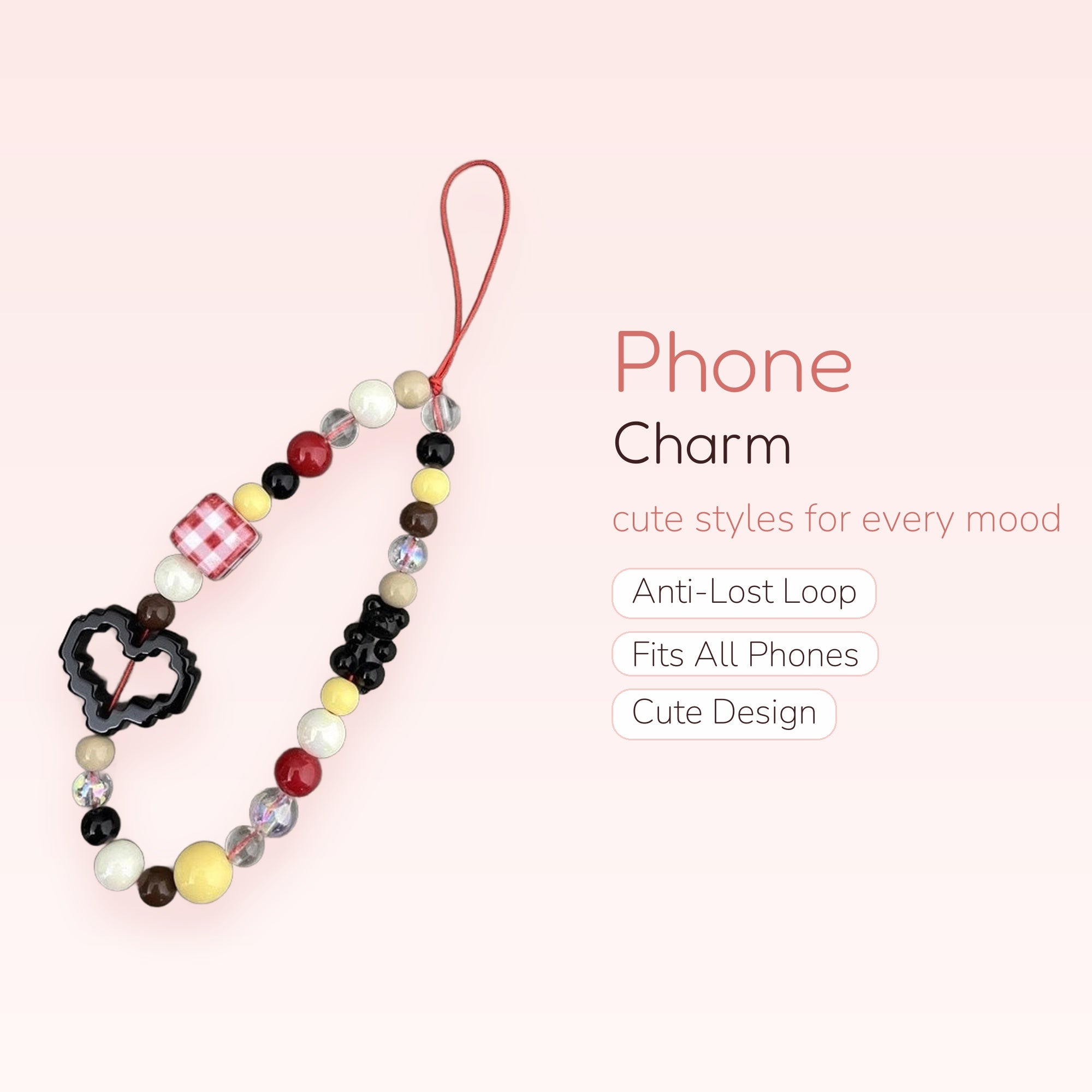 Cute Gingham Heart Bear Phone Charm | Red Black White Beaded Wrist Strap