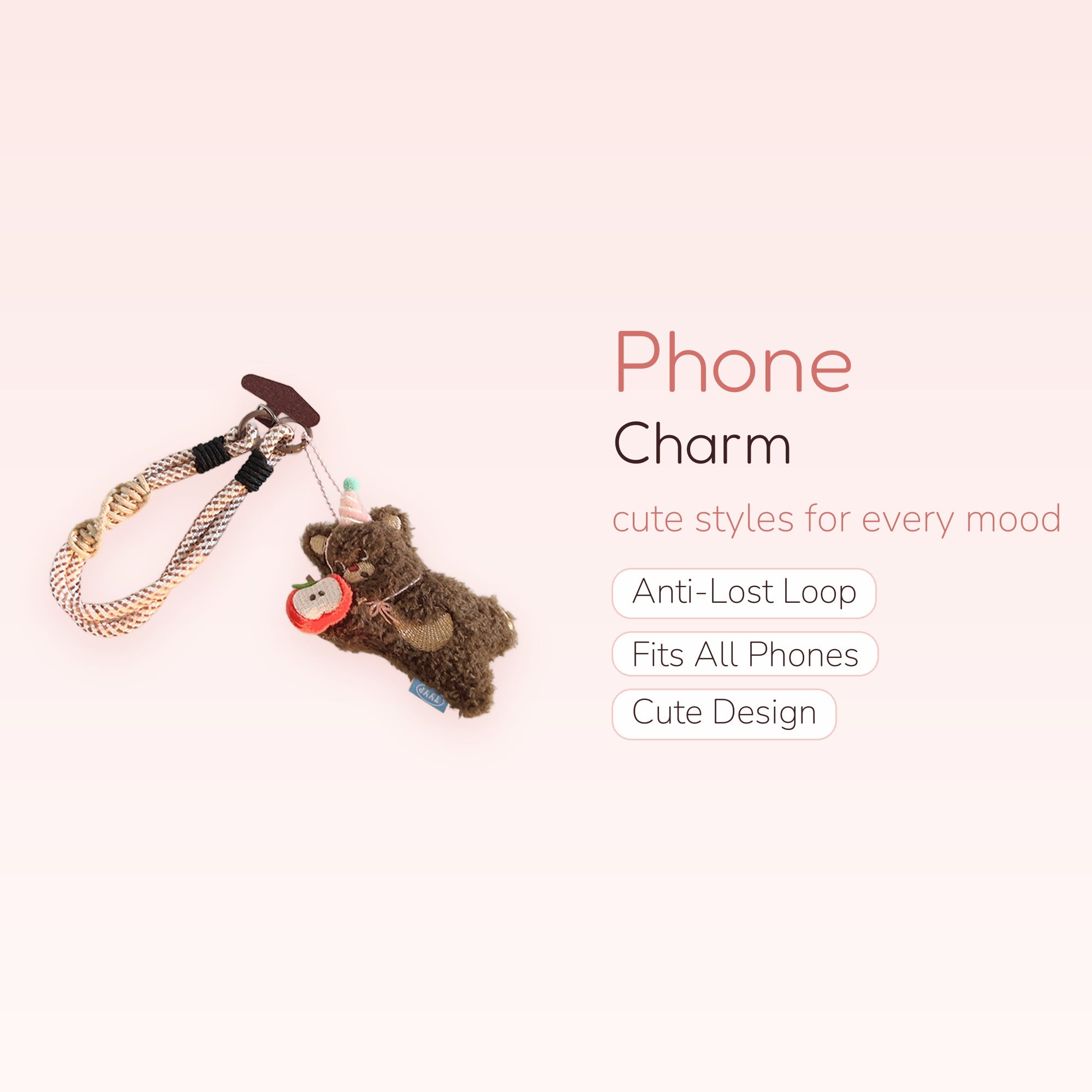 Kawaii Brown Bear & Apple Phone Charm Strap | Cute Braided Wrist Lanyard