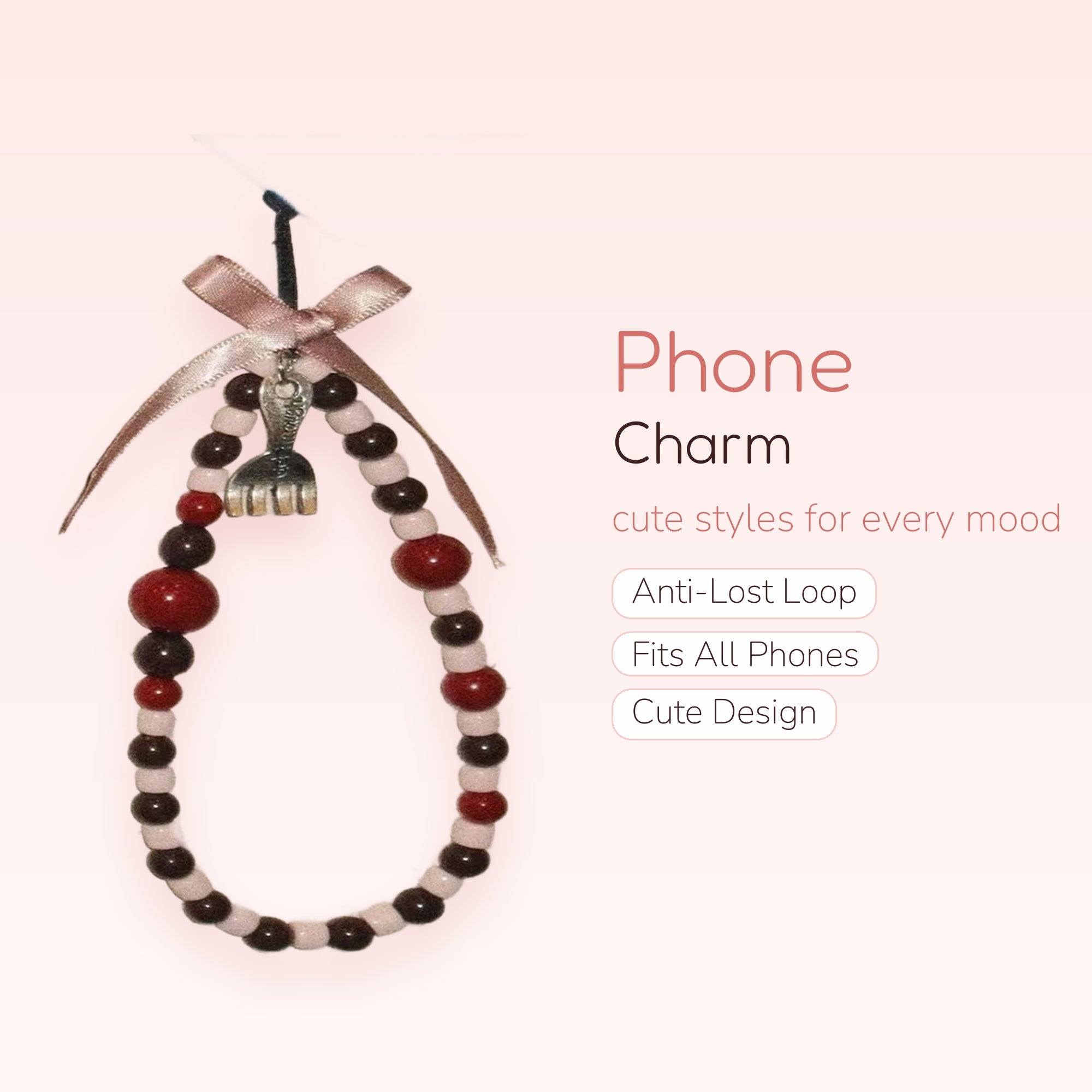 Cute Chocolate & Cherry Beaded Phone Charm | Aesthetic Fork Pendant Wrist Strap